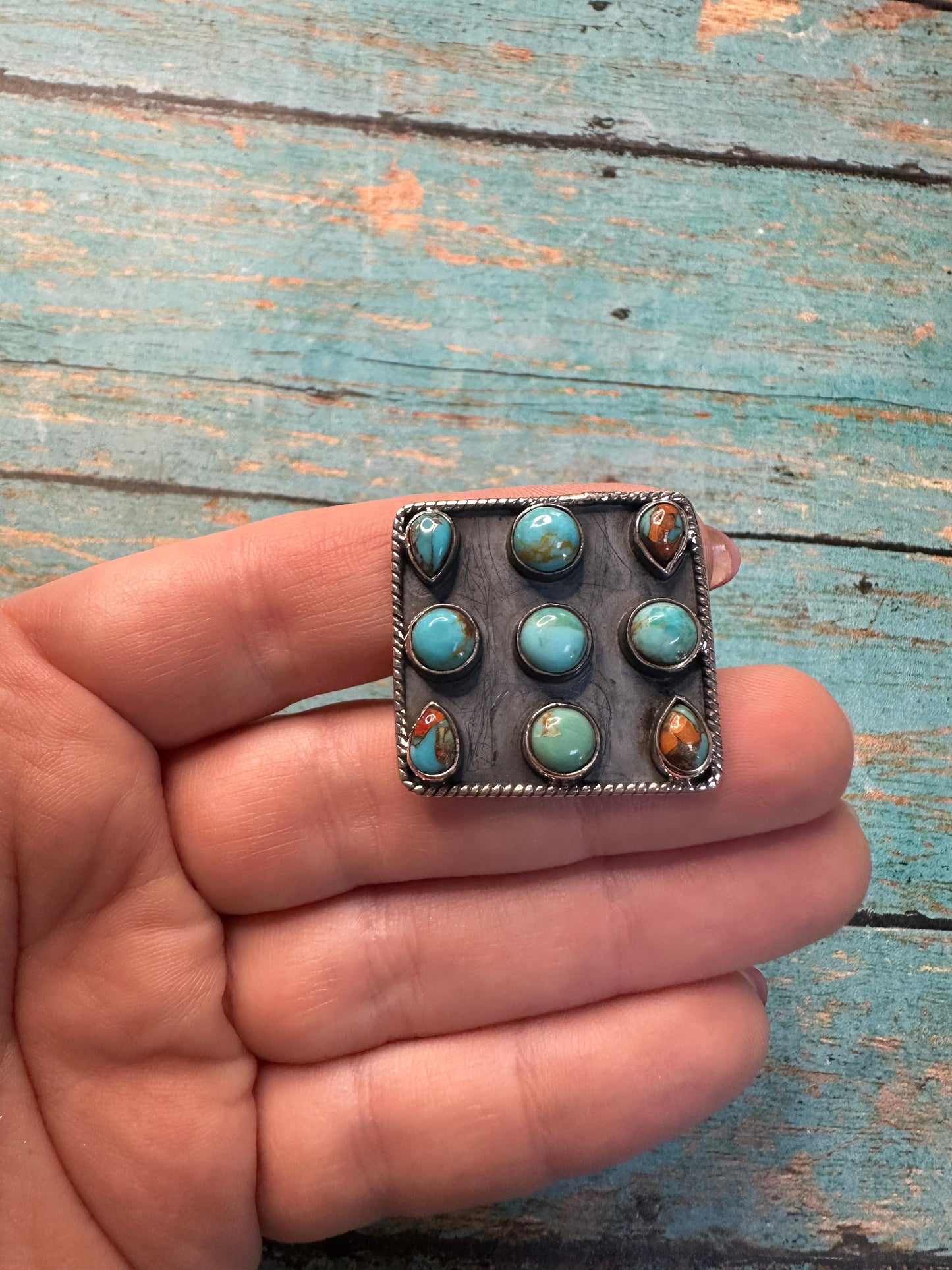 Beautiful Handmade Spice, Turquoise And Sterling Silver Adjustable Ring