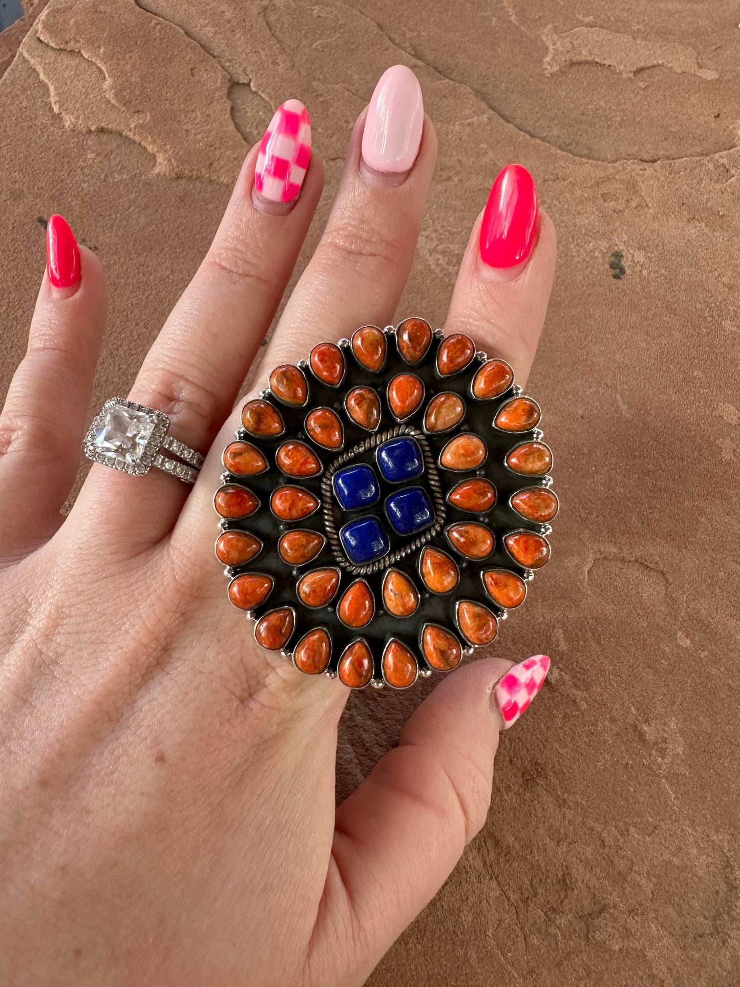 Beautiful Handmade Orange Mojave, Lapis And Sterling Silver Adjustable Statement Ring