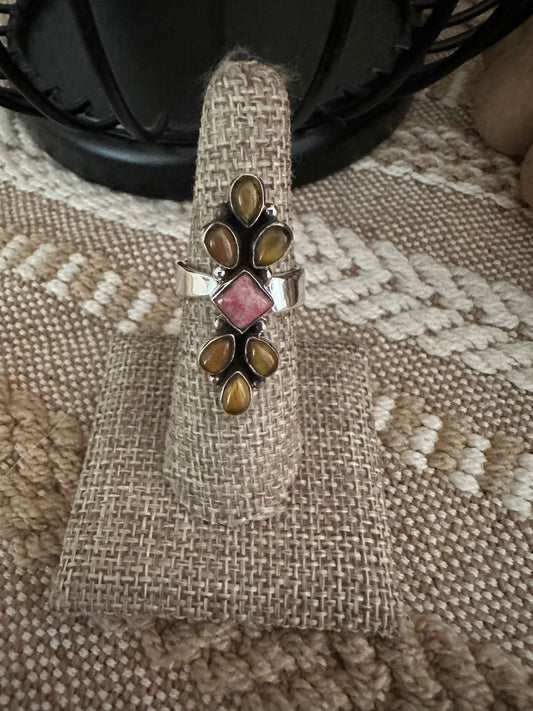 Beautiful Handmade Rhodonite And Sterling Silver Adjustable Ring