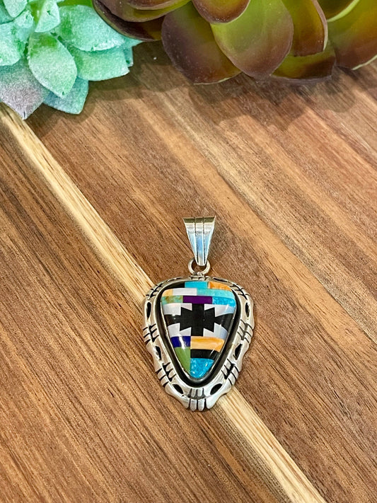 Beautiful Handmade Sterling Silver & Multi Stone Inlay Pendant