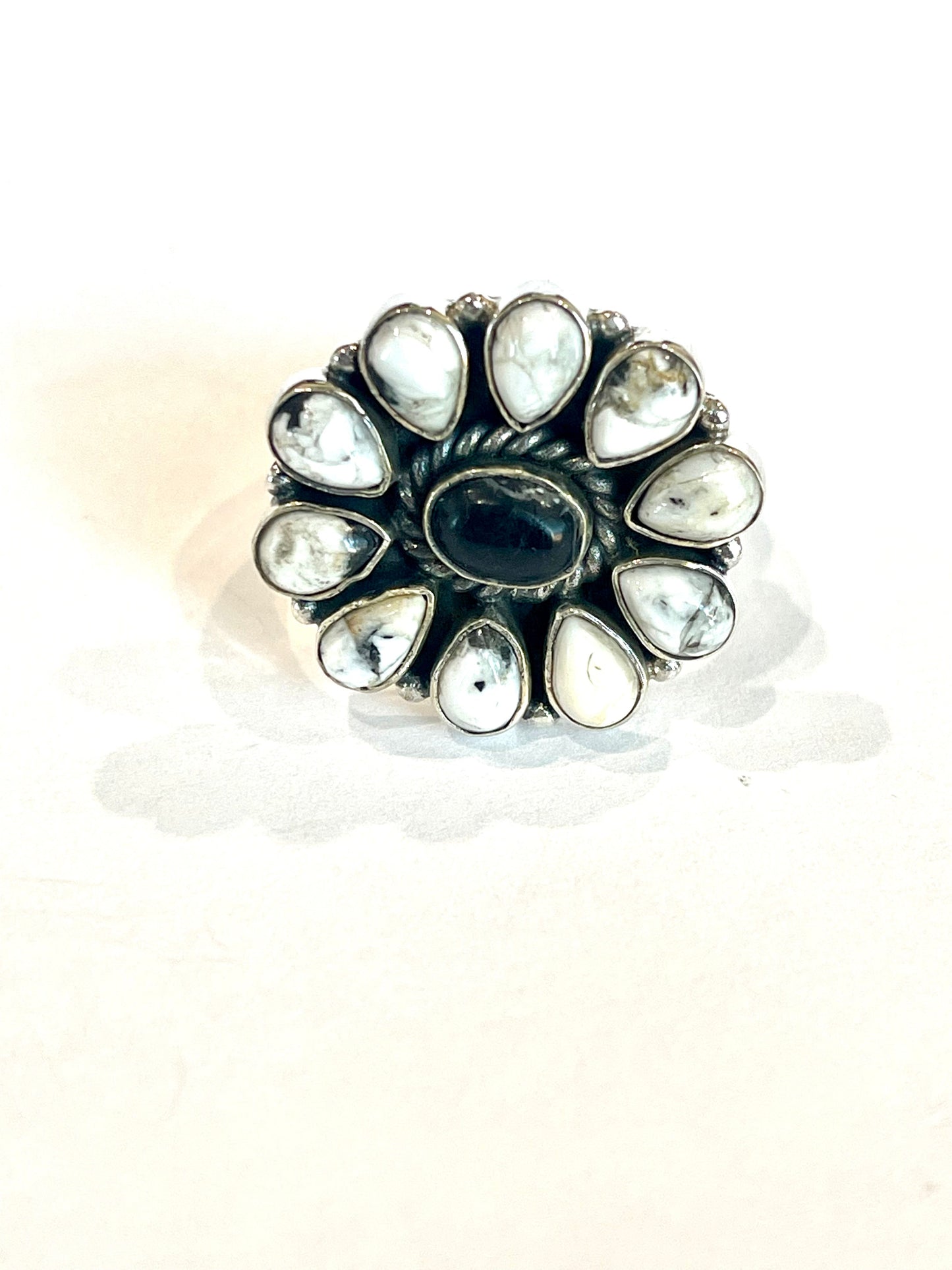 Beautiful Handmade White Buffalo And Sterling Silver Adjustable Cluster Ring