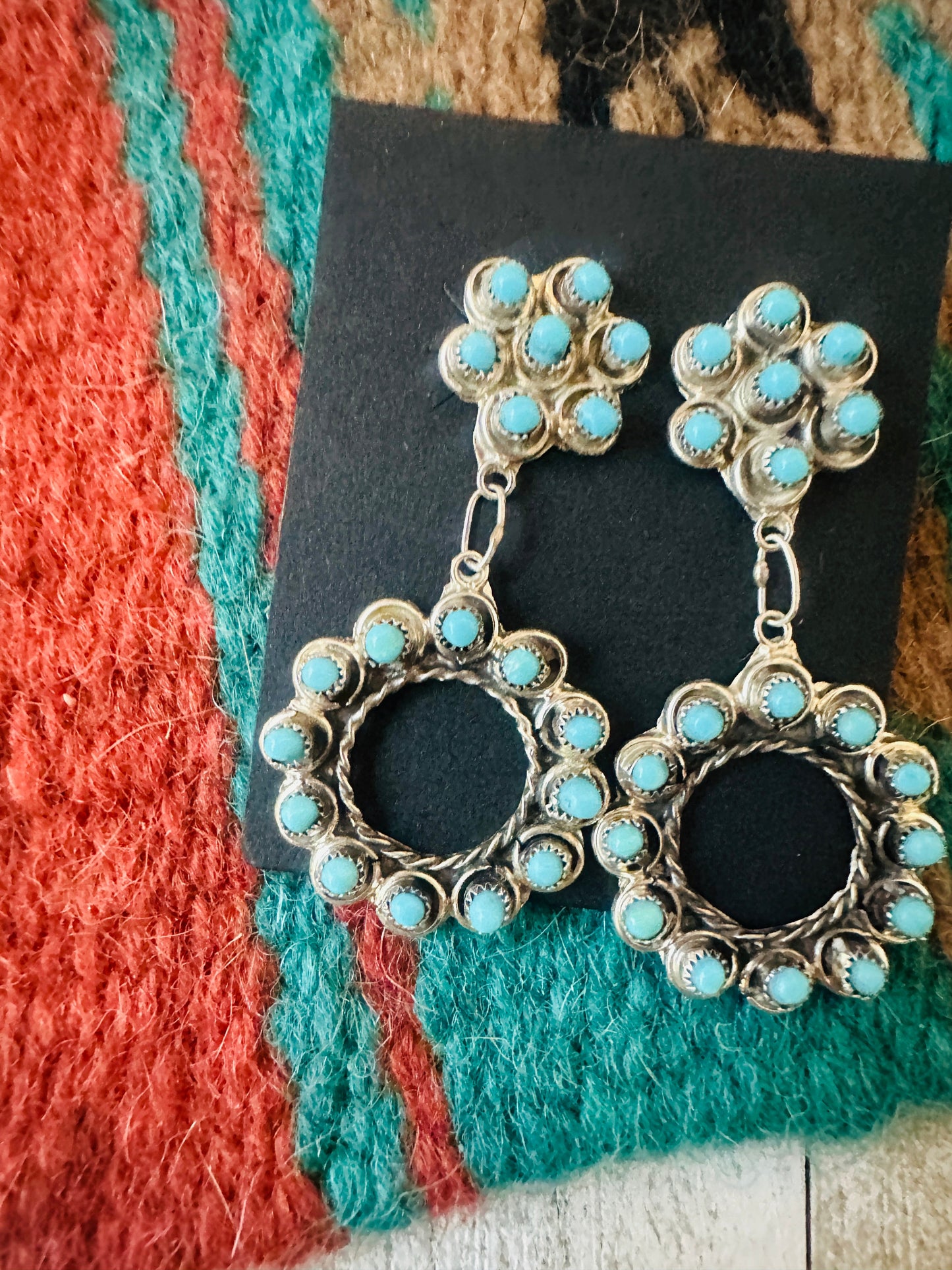 Zuni Sterling Silver & Turquoise Petit Point Dangle Earrings