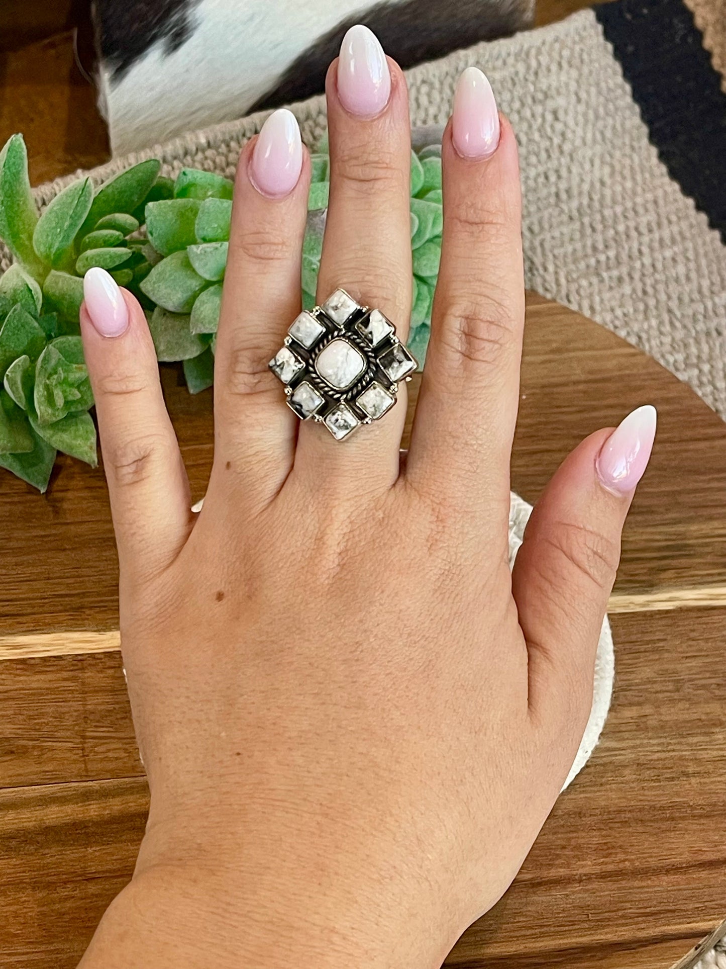 Beautiful Handmade White Buffalo And Sterling Silver Adjustable Cluster Ring