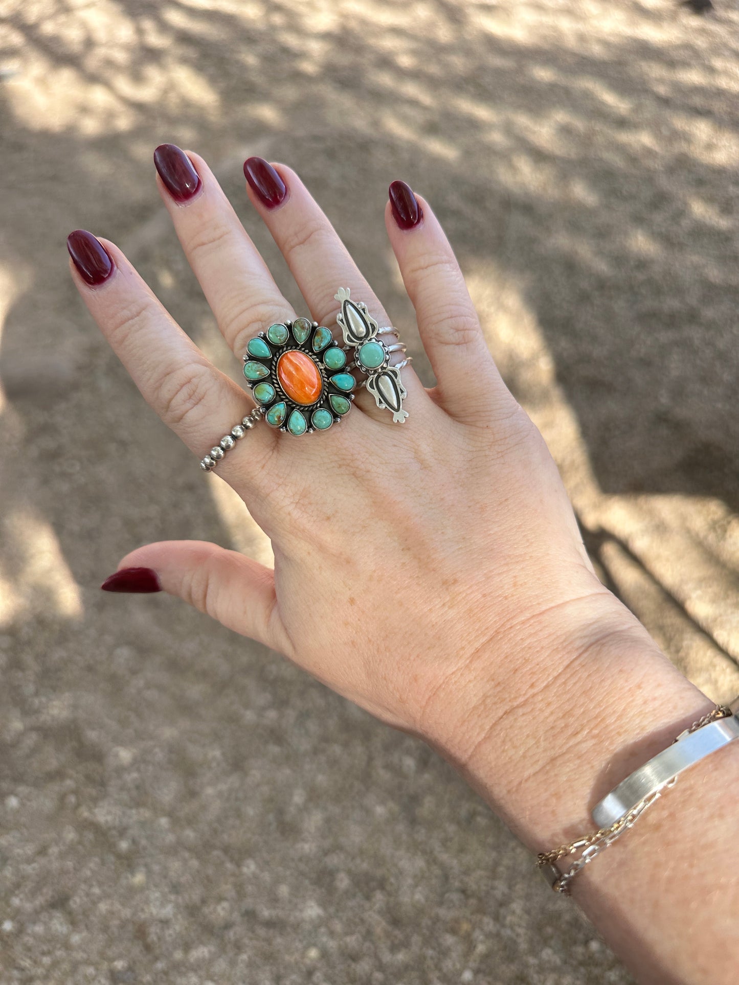 Beautiful Sterling Silver, Turquoise & Orange Spiny Adjustable Ring