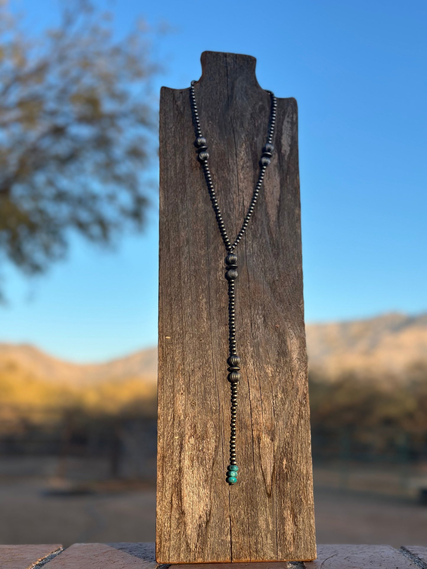 “The Ranch” Handmade Sterling Silver and Turquoise Beaded Drop Lariat Necklace