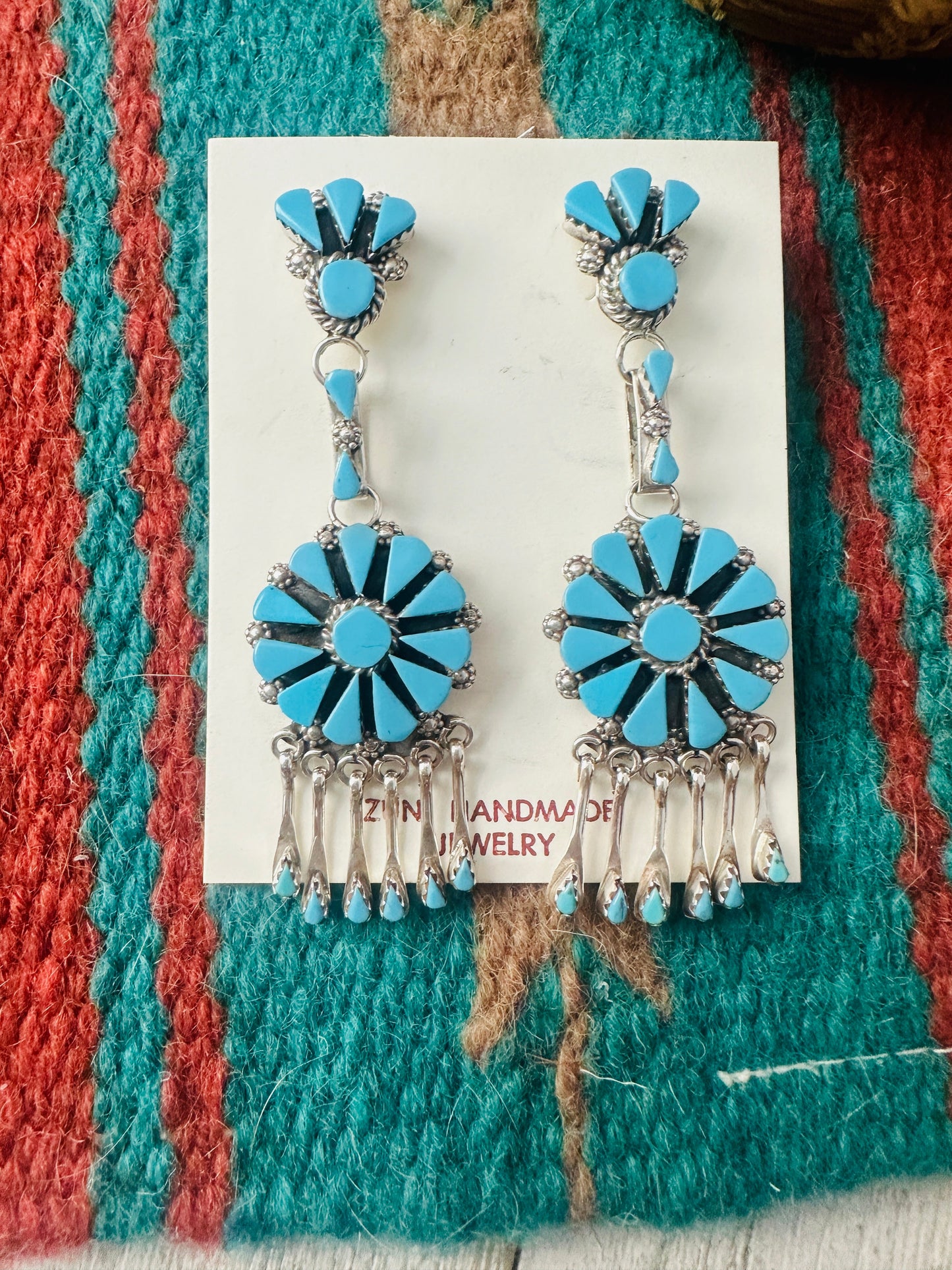 Zuni Sterling Silver & Turquoise Cluster Tassel Dangle Earrings