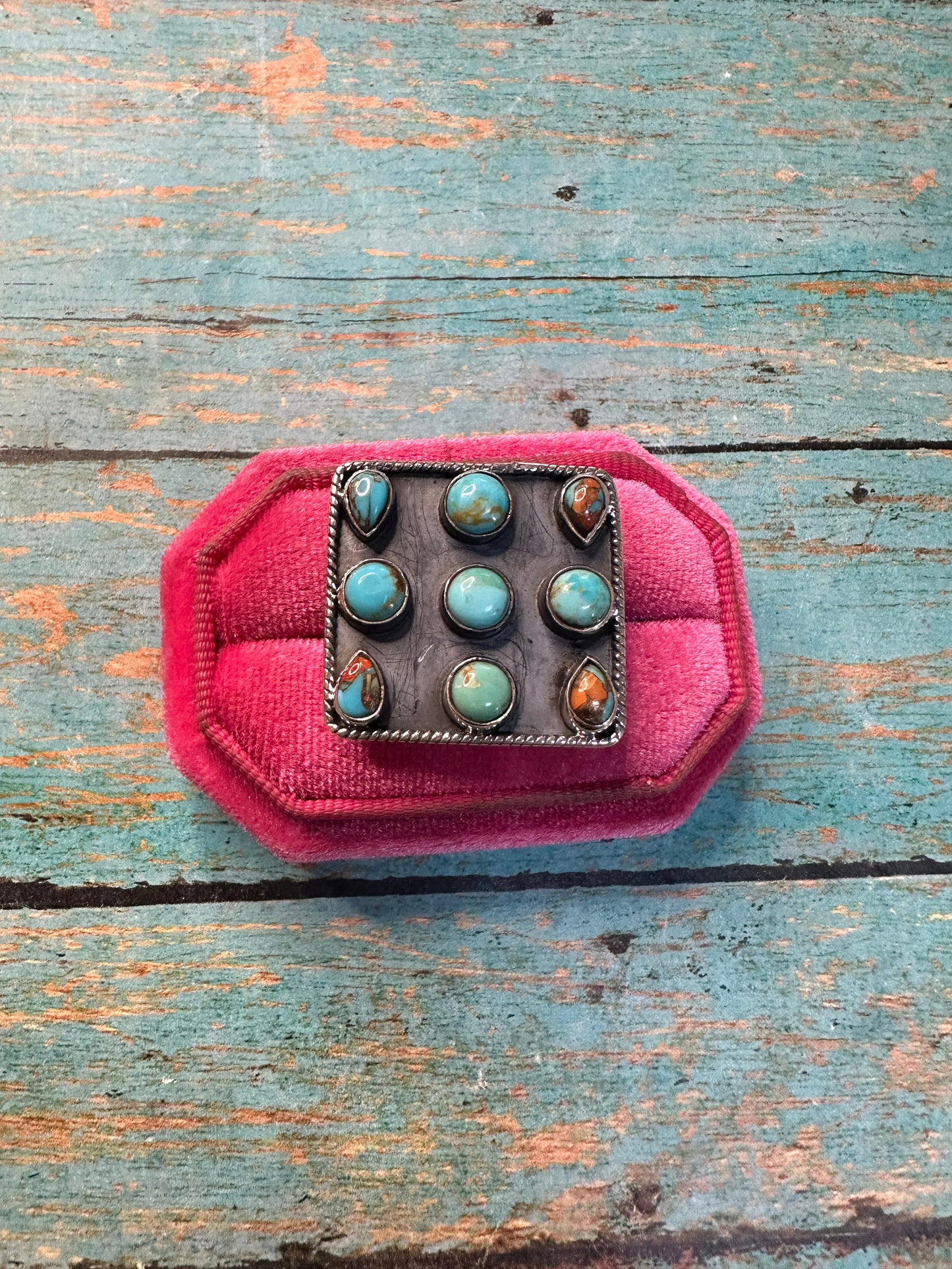 Beautiful Handmade Spice, Turquoise And Sterling Silver Adjustable Ring