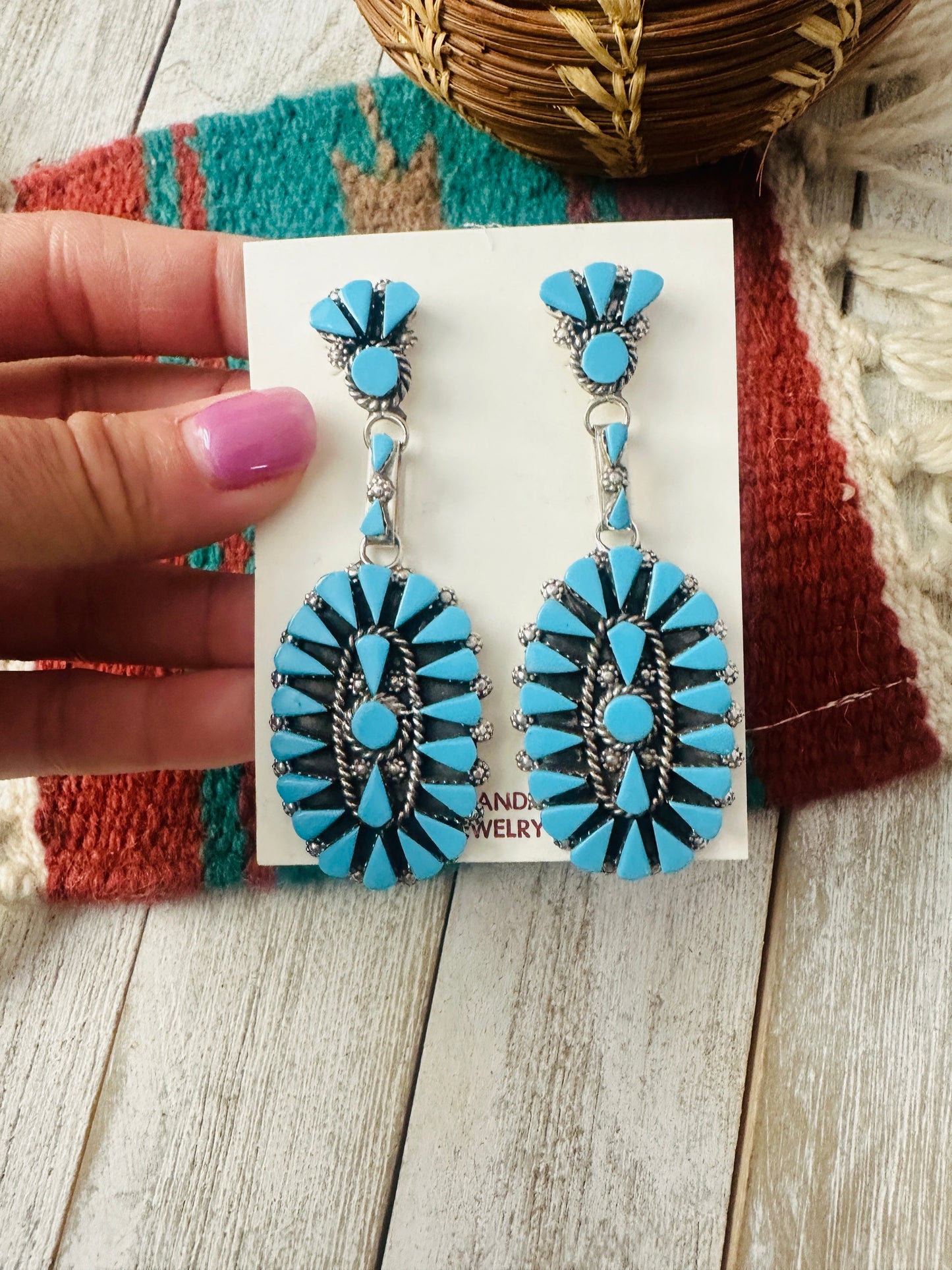 Zuni Sterling Silver & Turquoise Cluster Dangle Earrings