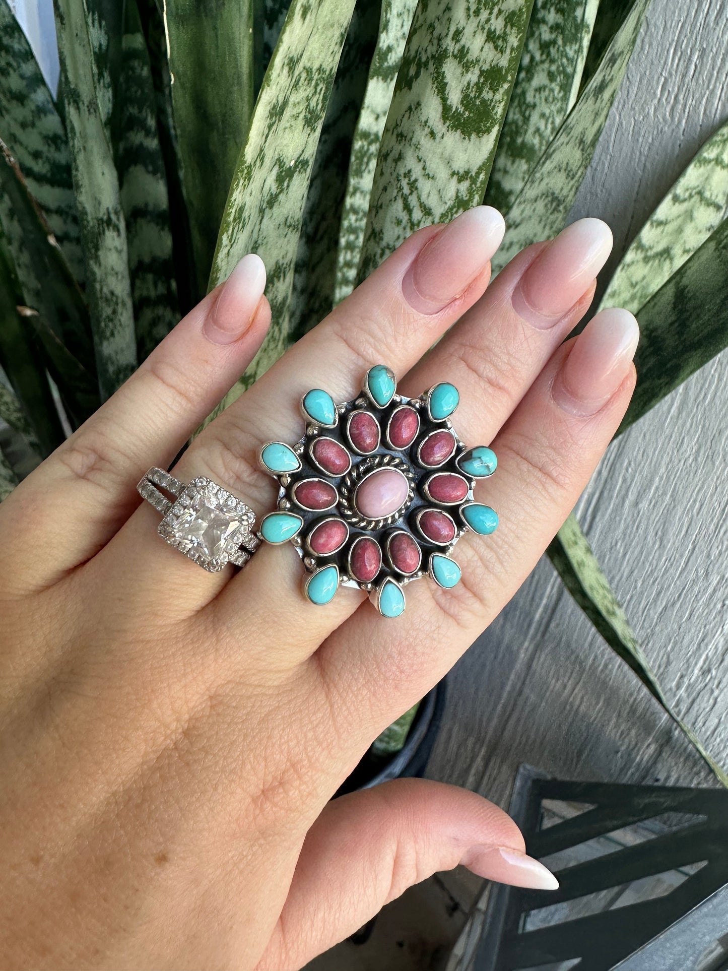 Beautiful Handmade Rhodonite, Turquoise, Pink Conch And Sterling Silver Adjustable Ring