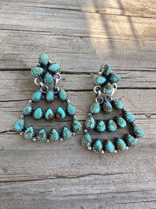 Handmade Sterling Silver & Royston Turquoise Chandelier Dangle Earrings