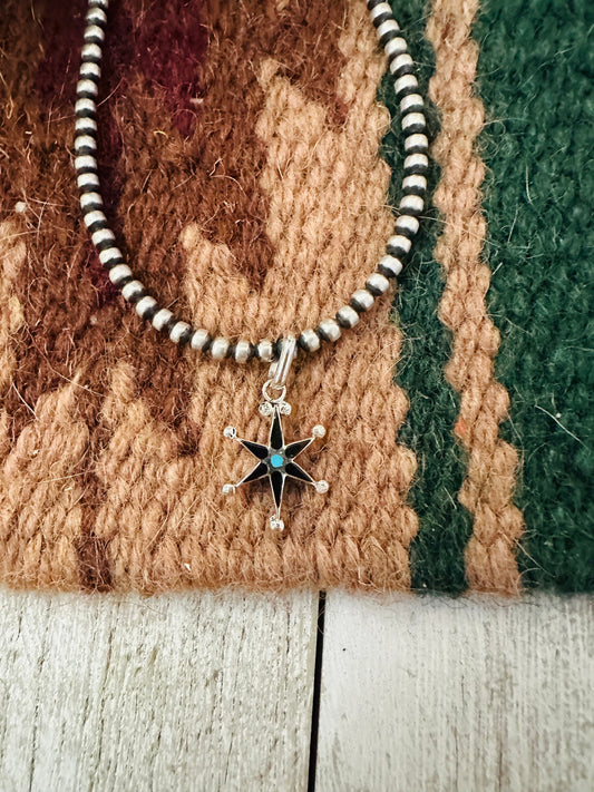 Zuni Sterling Silver, Onyx & Turquoise Mini Star Pendant Signed