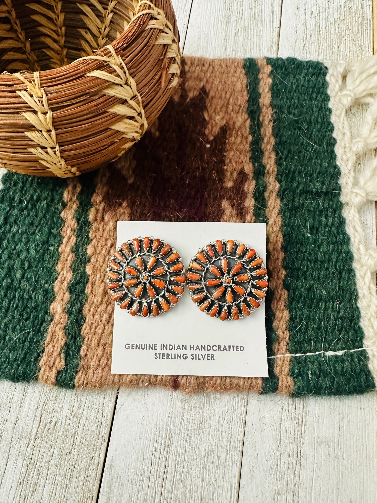 Zuni Sterling Silver & Spiny Oyster Needlepoint Post Earrings