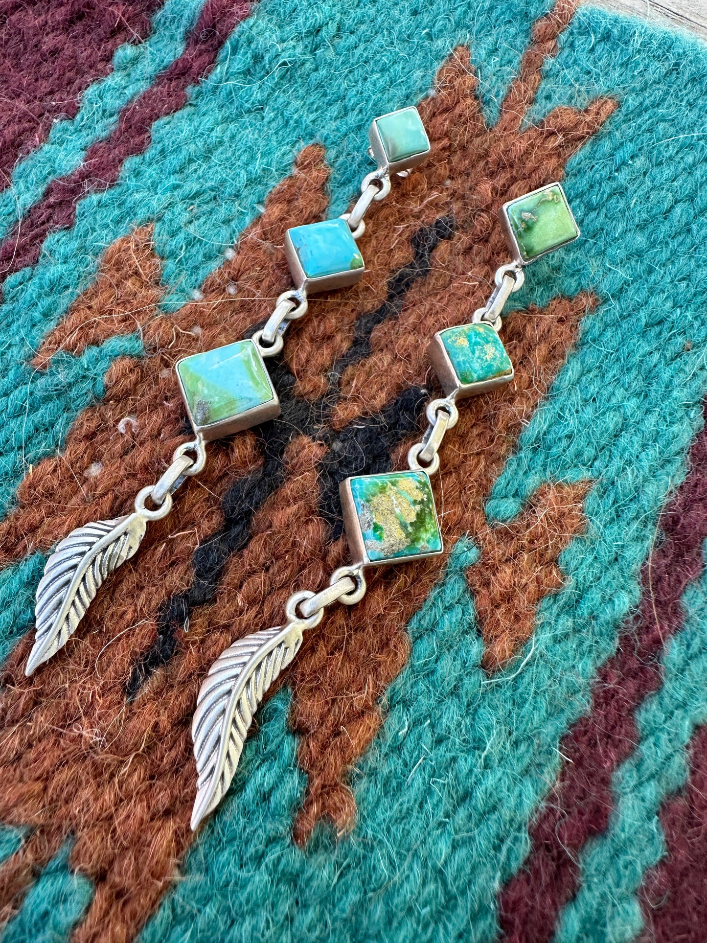 Handmade 3 Stone Sonoran Mountain Turquoise and Sterling Silver Feather Dangles