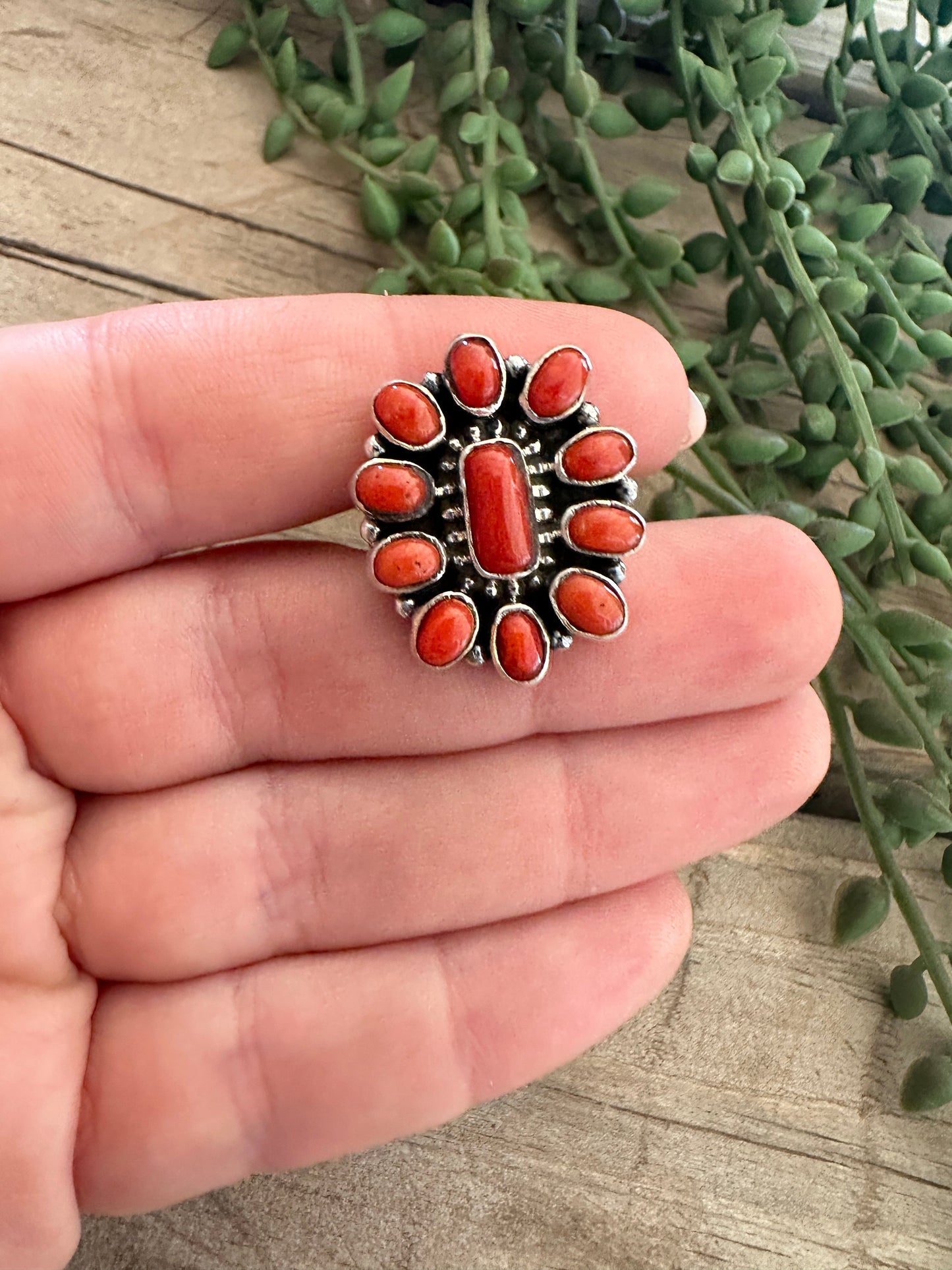 Beautiful Handmade Natural Coral And Sterling Silver Adjustable Square Cluster Ring style 2