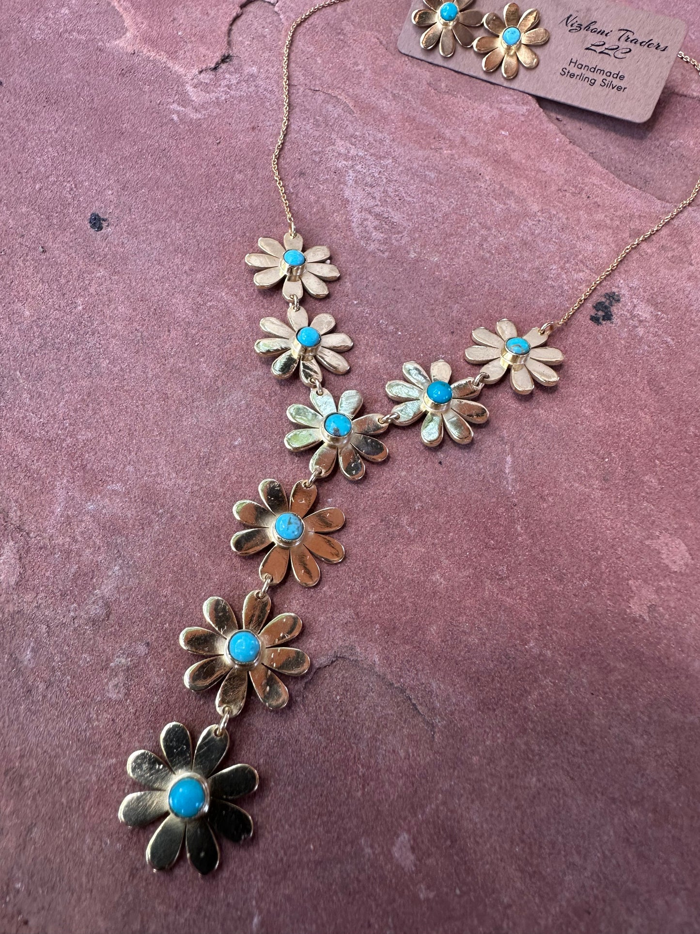 “The Golden Collection” Summer Flower Handmade Natural Turquoise 14k Gold Plated Lariat Necklace Earring Set