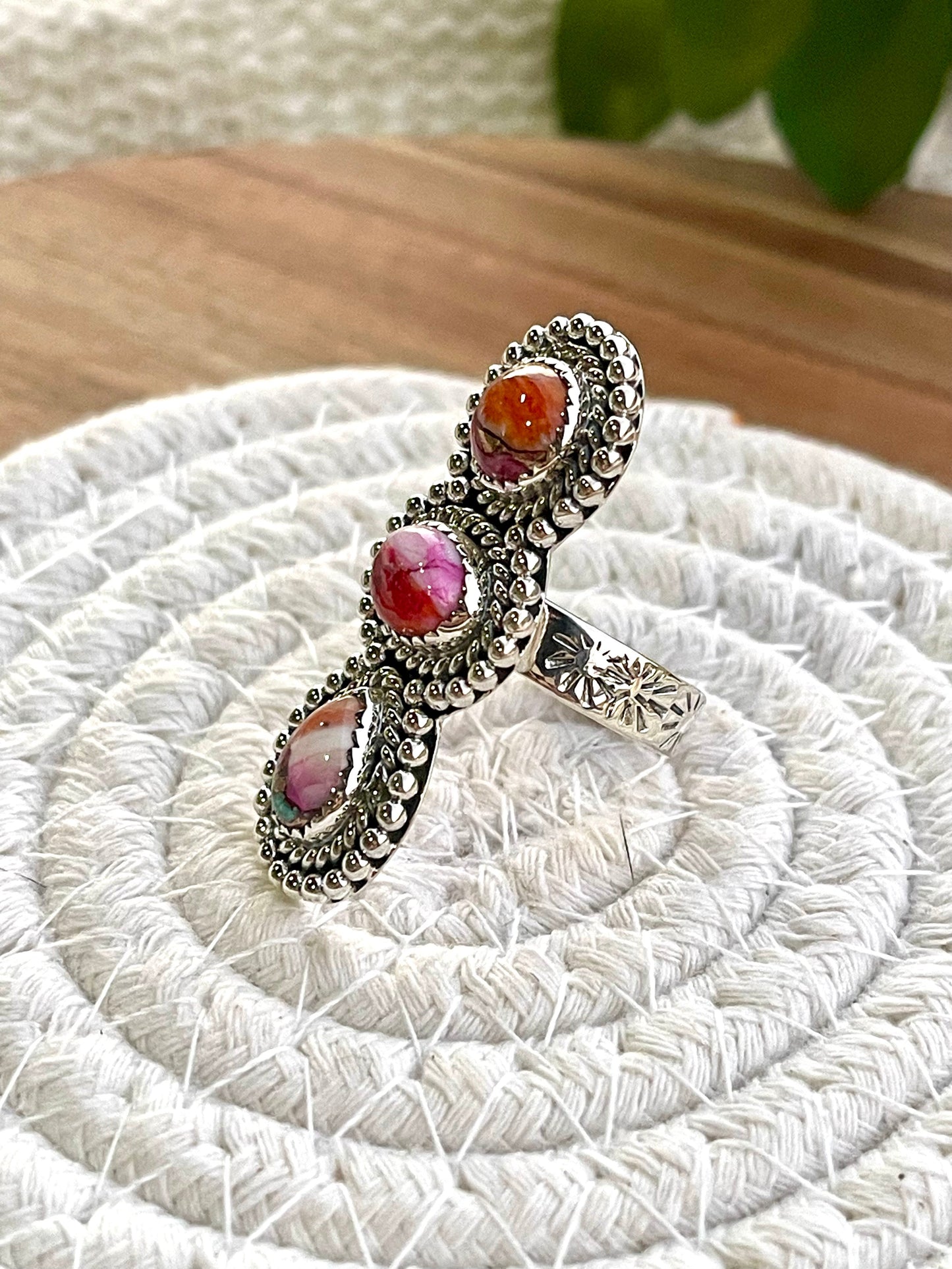 Beautiful Handmade Pink Dream Mojave And Sterling Silver Adjustable 3 Stone Ring