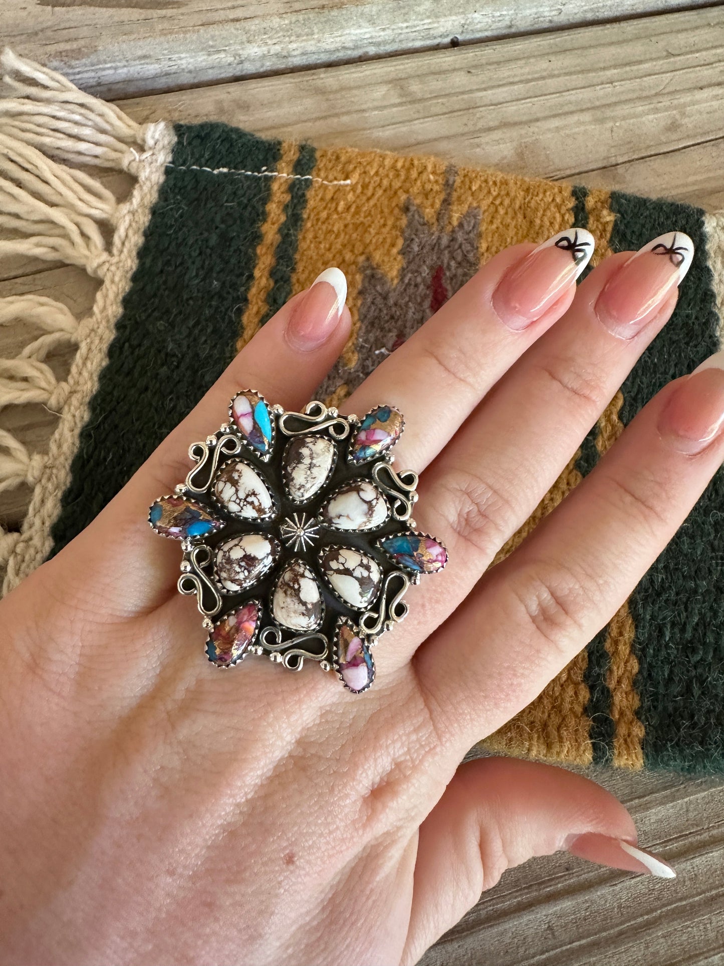 Beautiful Handmade Pink Dream Mojave, Wild Horse And Sterling Silver Adjustable Ring