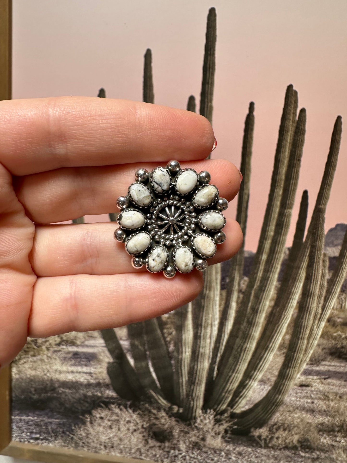 Beautiful Handmade White Buffalo And Sterling Silver Adjustable Cluster Ring