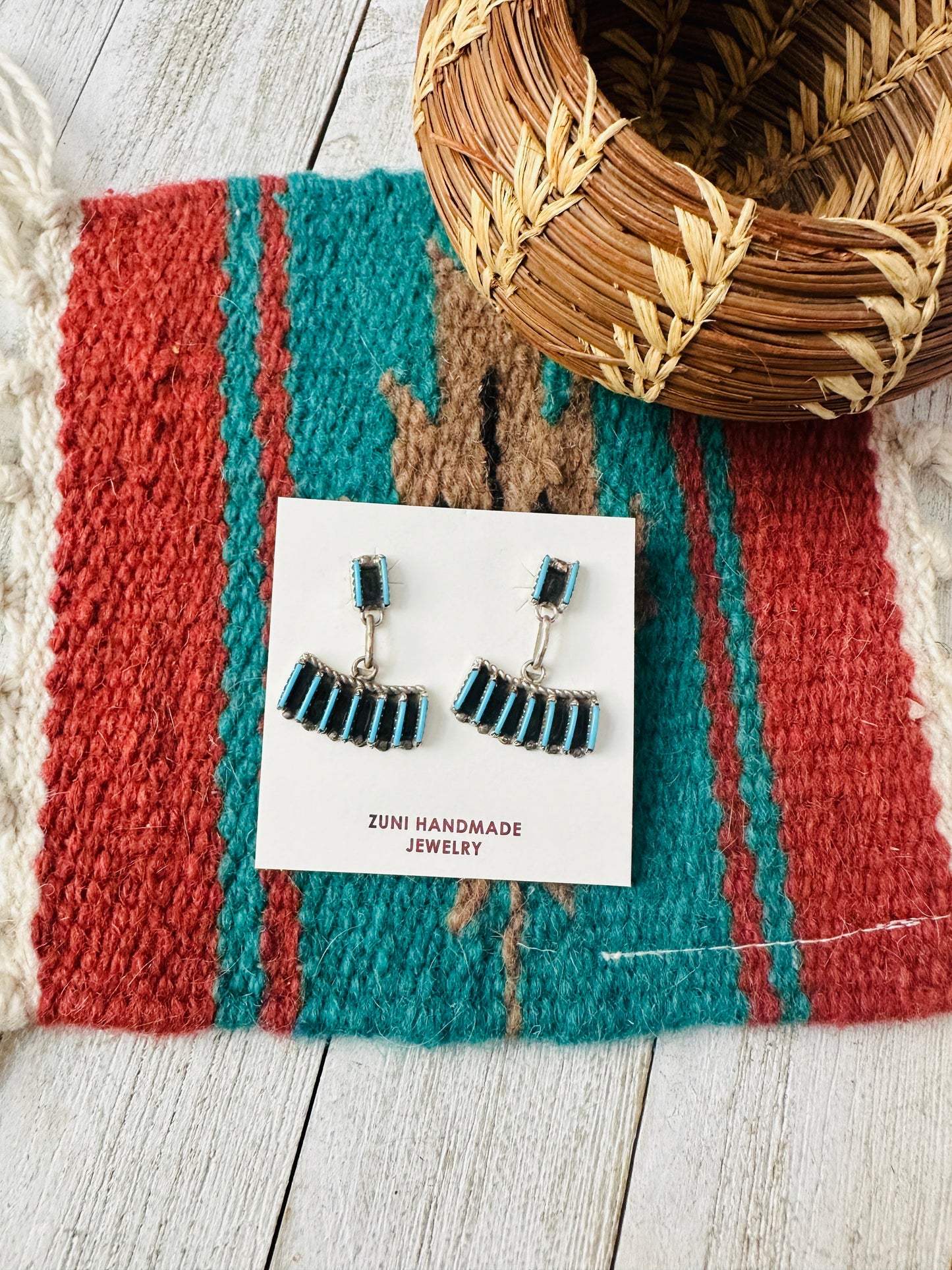 Zuni Turquoise & Sterling Silver Needlepoint Dangle Earrings