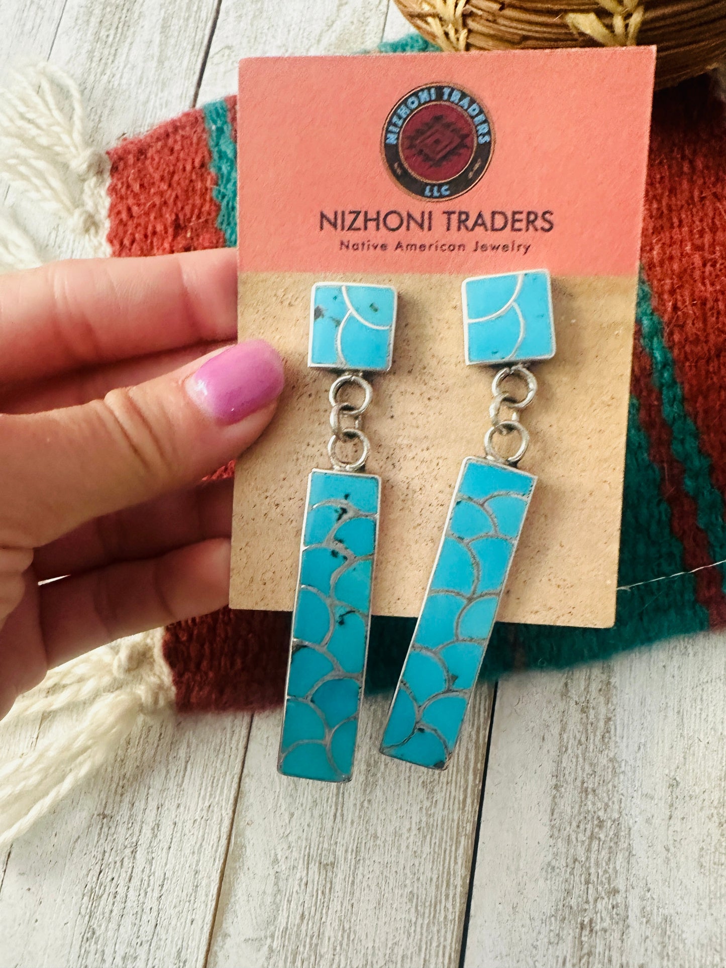 Zuni Sterling Silver & Turquoise Inlay Dangle Earrings