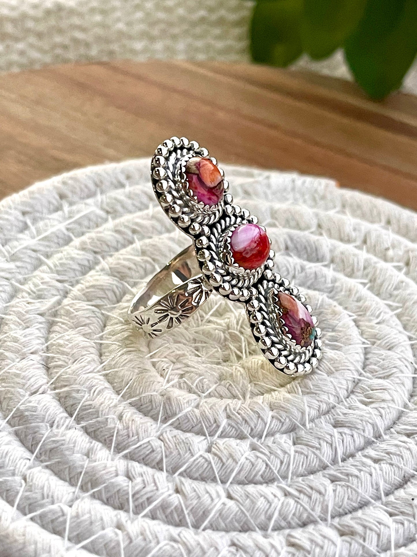 Beautiful Handmade Pink Dream Mojave And Sterling Silver Adjustable 3 Stone Ring