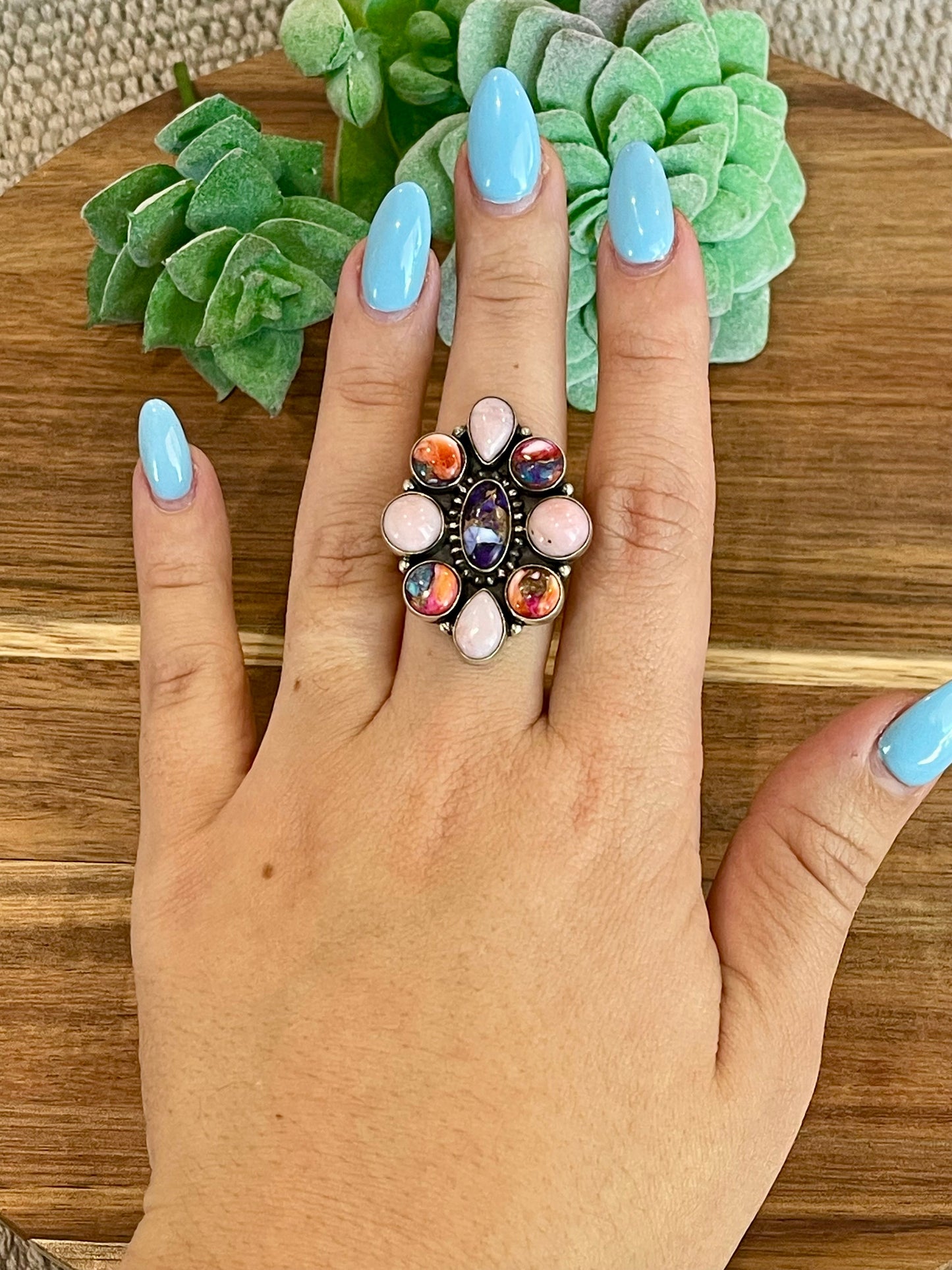 Beautiful Handmade Multi Stone And Sterling Silver Adjustable Ring