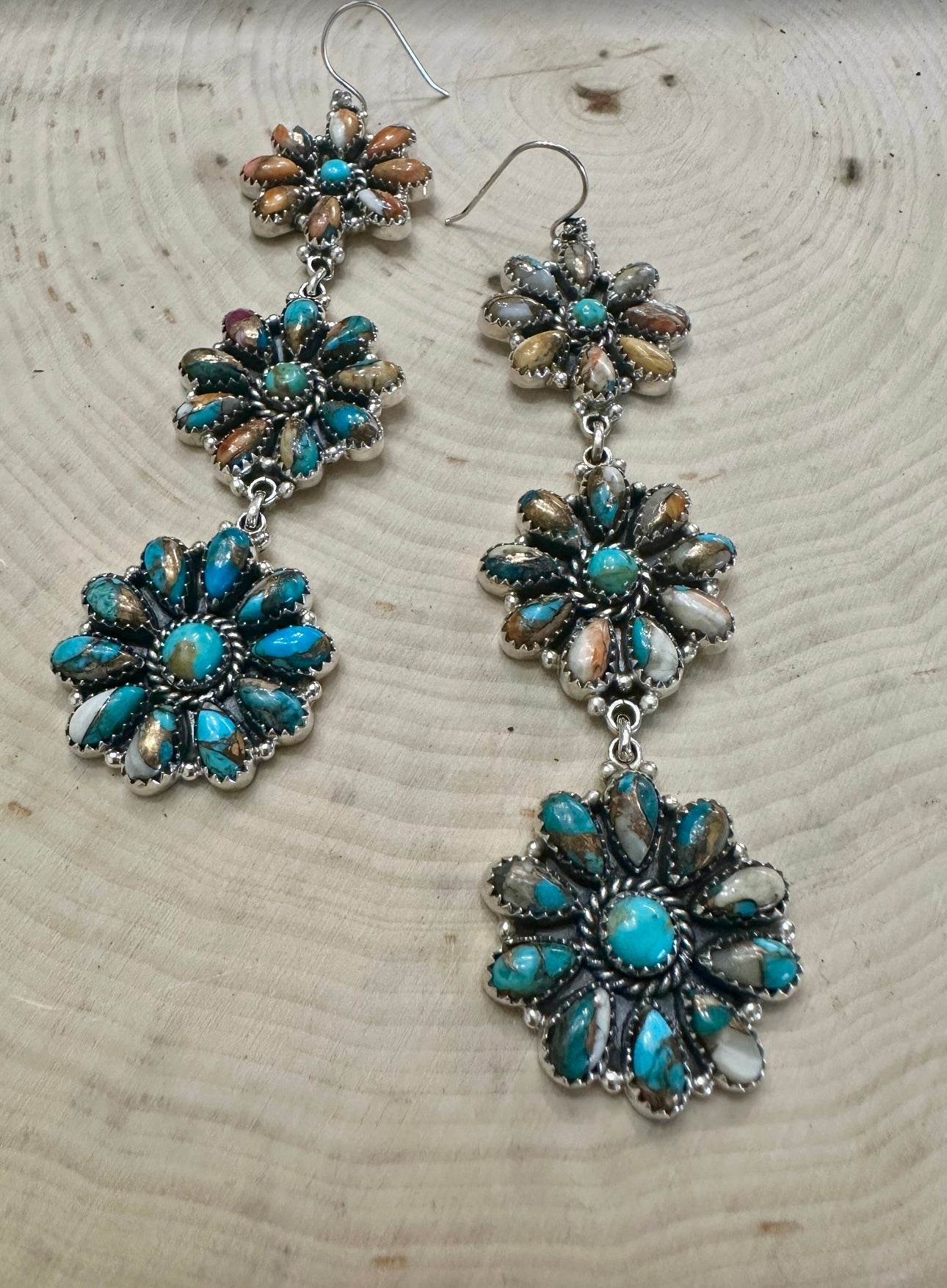 Cassidy Collection “Better Than Revenge” Handmade Spice, Turquoise and Sterling Silver Flower Dangle Earrings