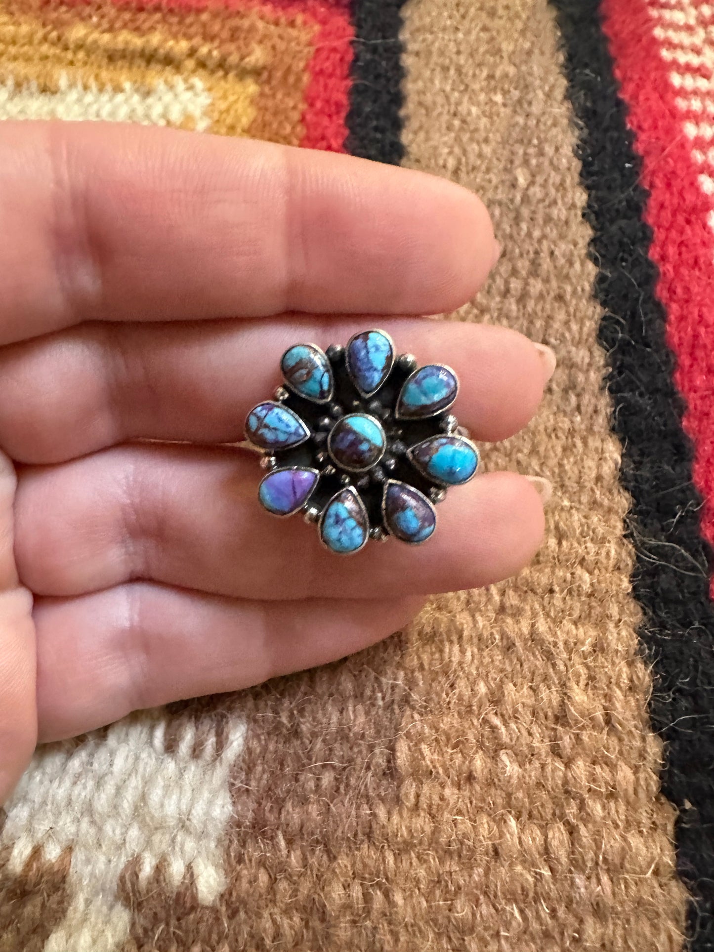 Beautiful Handmade Purple Mojave And Sterling Silver Adjustable Cluster Flower Ring