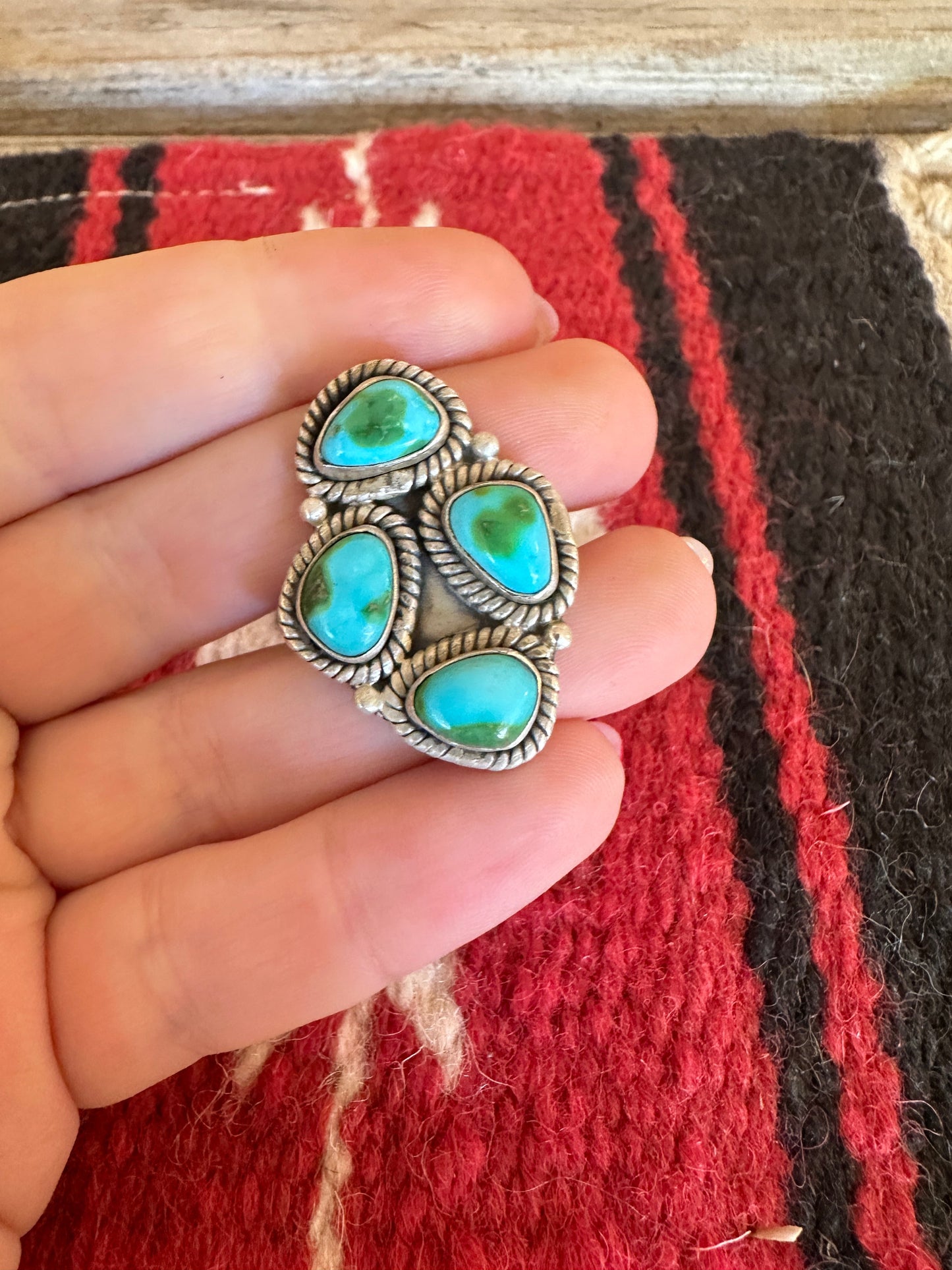 Beautiful Handmade Sonoran Mountain Turquoise And Sterling Silver Adjustable 4 Stone Ring