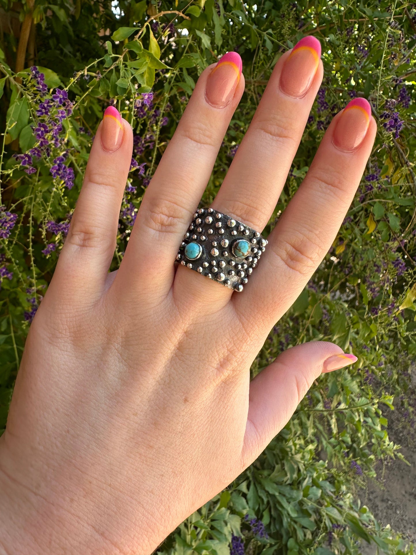 Beautiful Handmade Turquoise Sterling Silver Ball Adjustable Ring Band 2 Stone