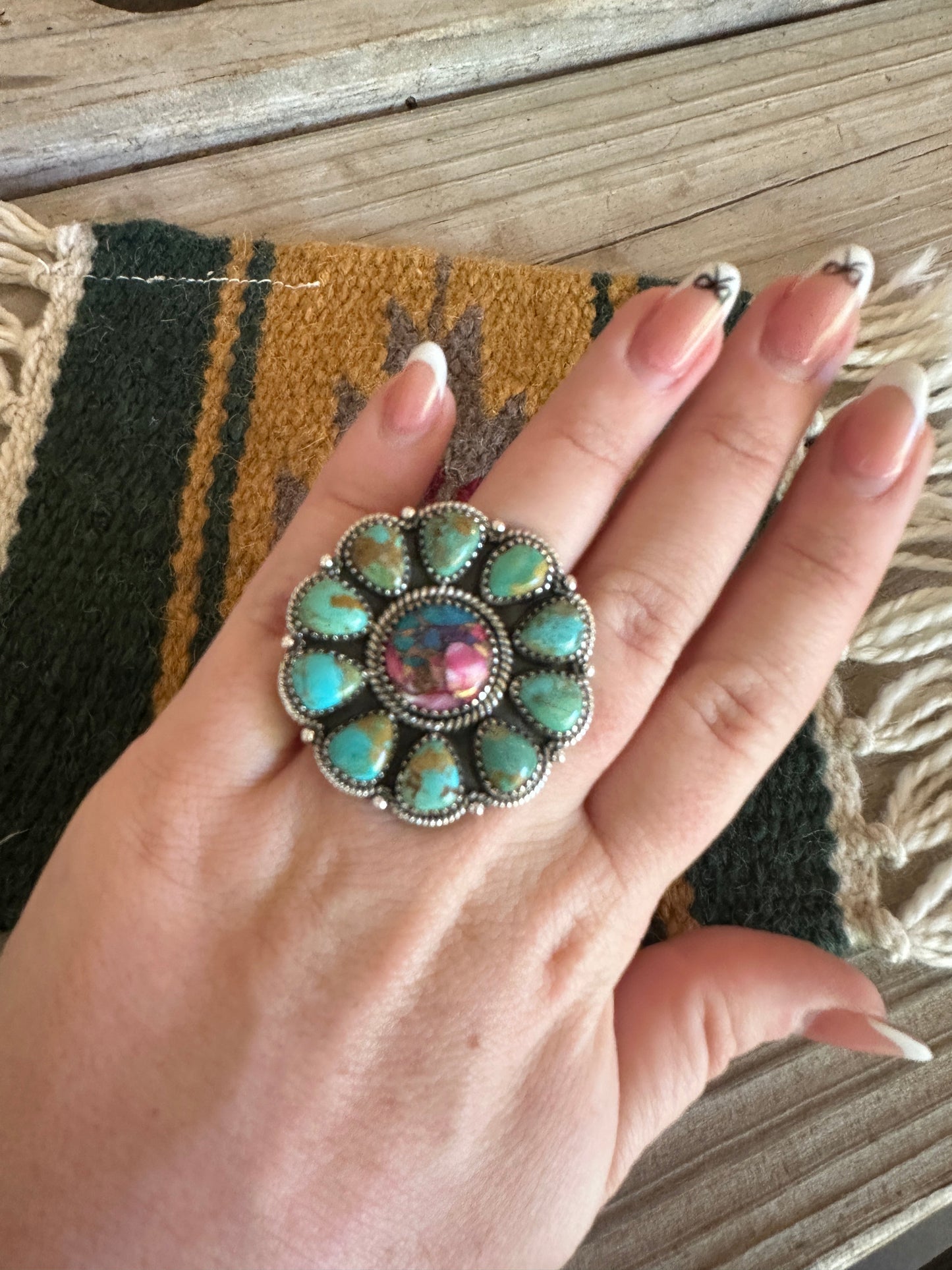 Beautiful Handmade Pink Dream Mojave, Turquiose And Sterling Silver Adjustable Ring