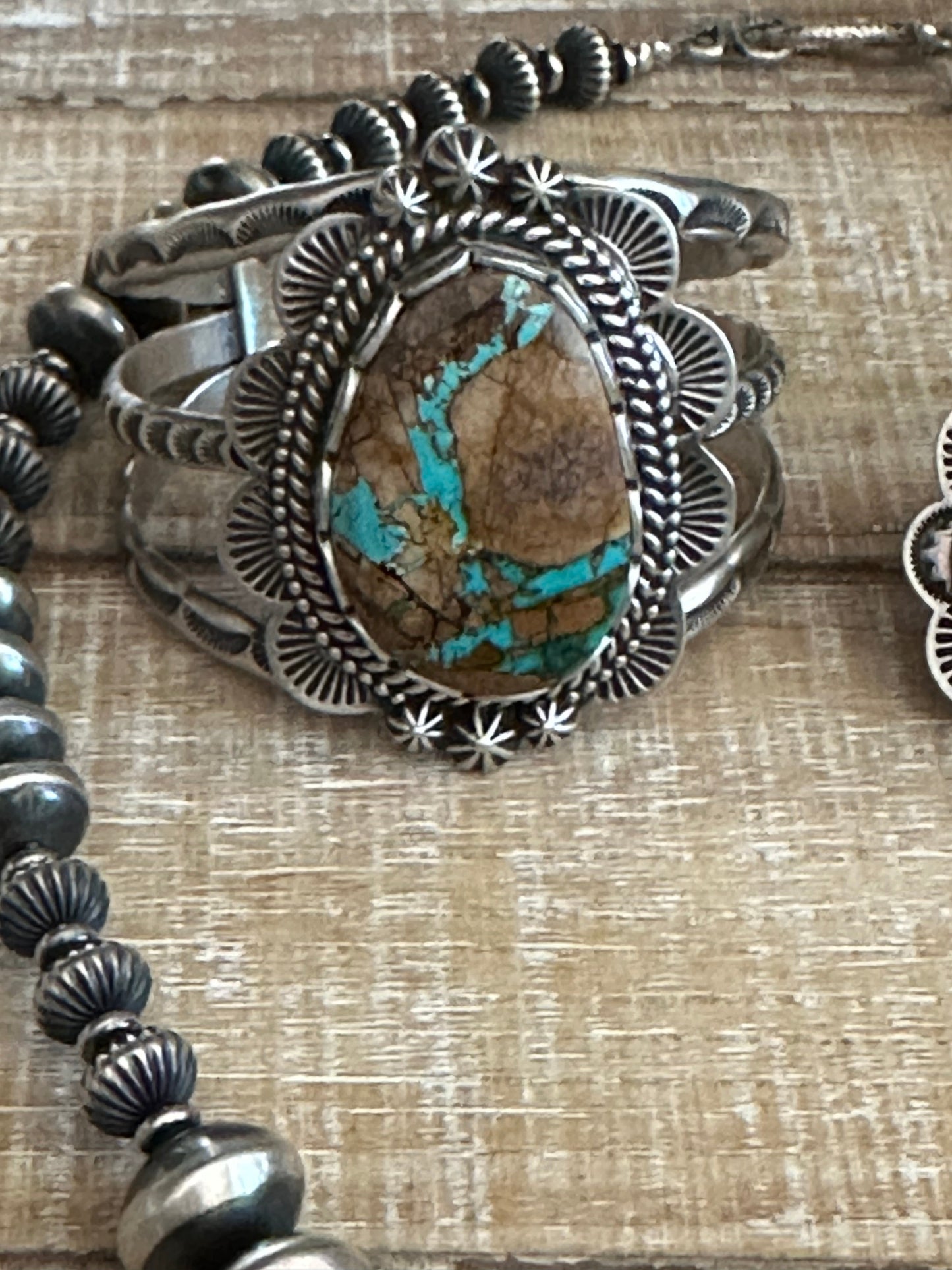 Charles Johnson Navajo Ribbon Turquoise & Sterling Silver Necklace, Bracelet and Ring  Set Signed