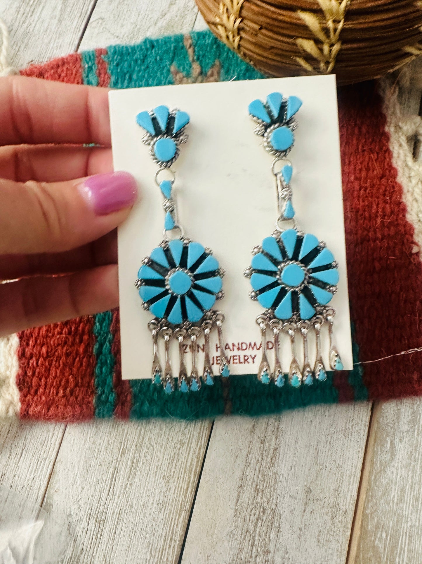 Zuni Sterling Silver & Turquoise Cluster Tassel Dangle Earrings