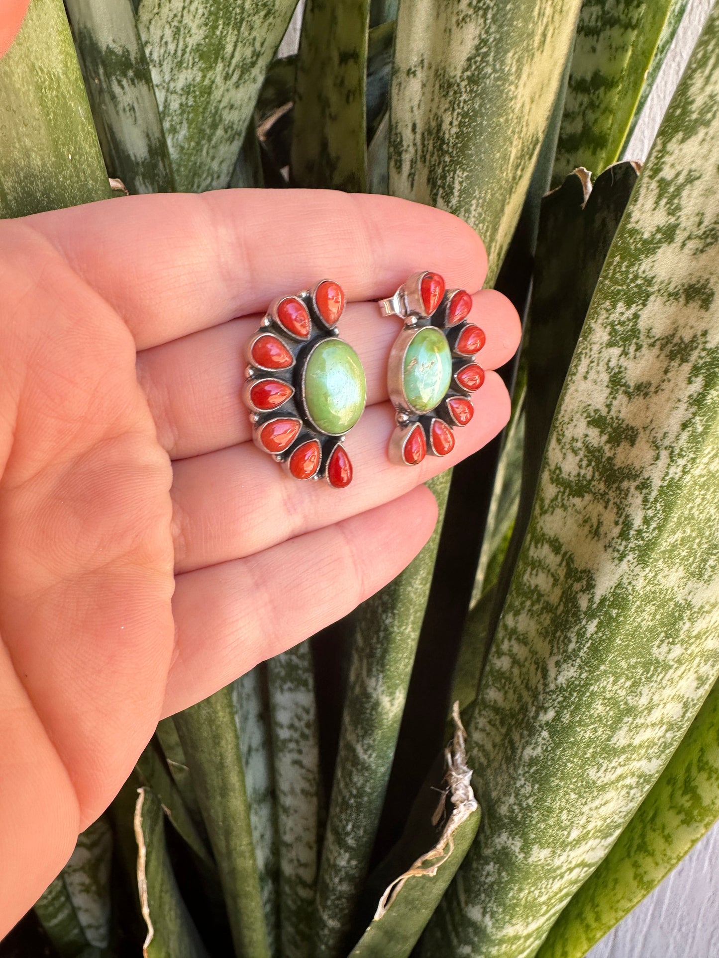 Handmade Sonoran Mountain Turquoise, Coral and Sterling Silver Crescent Post Earrings