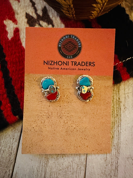 Zuni Sterling Silver, Turquoise & Coral Post Earrings by Effie Calavaza