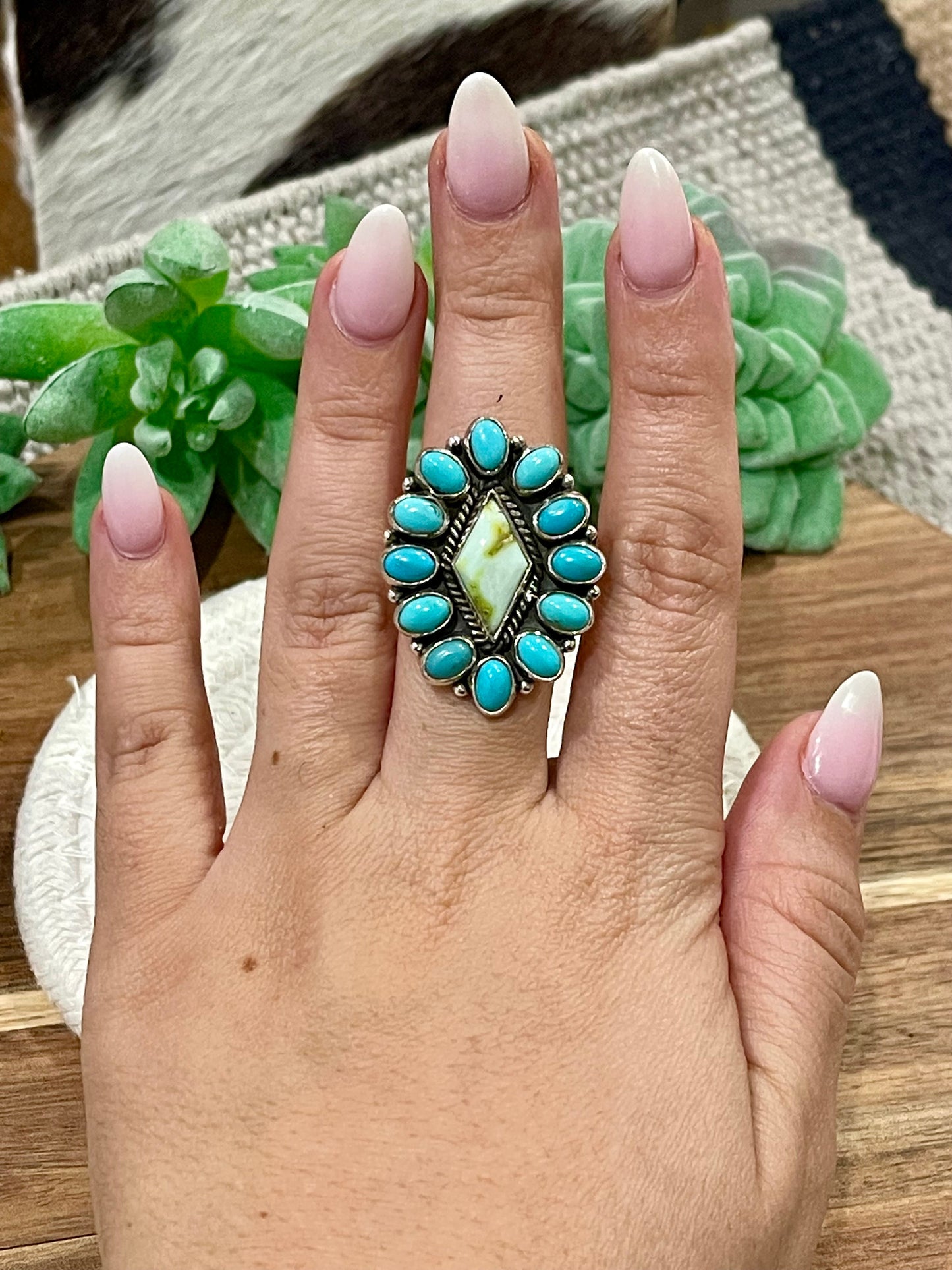 Beautiful Handmade Palomino Variscite, Turquoise And Sterling Silver Adjustable Ring