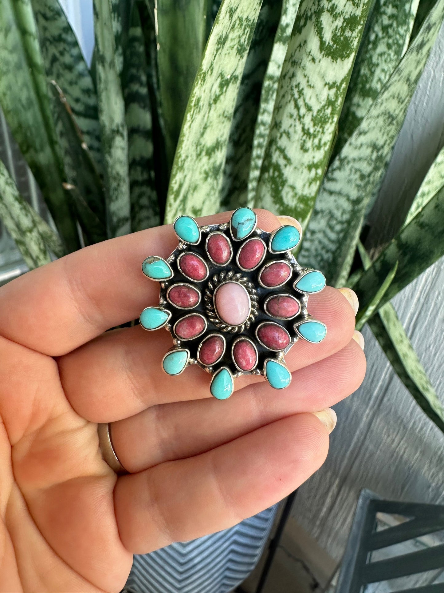 Beautiful Handmade Rhodonite, Turquoise, Pink Conch And Sterling Silver Adjustable Ring