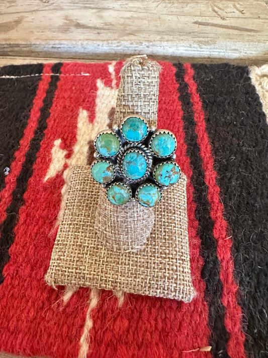 Beautiful Handmade Turquoise And Sterling Silver Adjustable Flower Ring