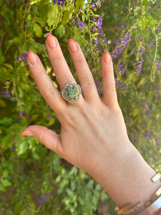 Beautiful Handmade Turquoise And Sterling Silver Adjustable Cactus Ring