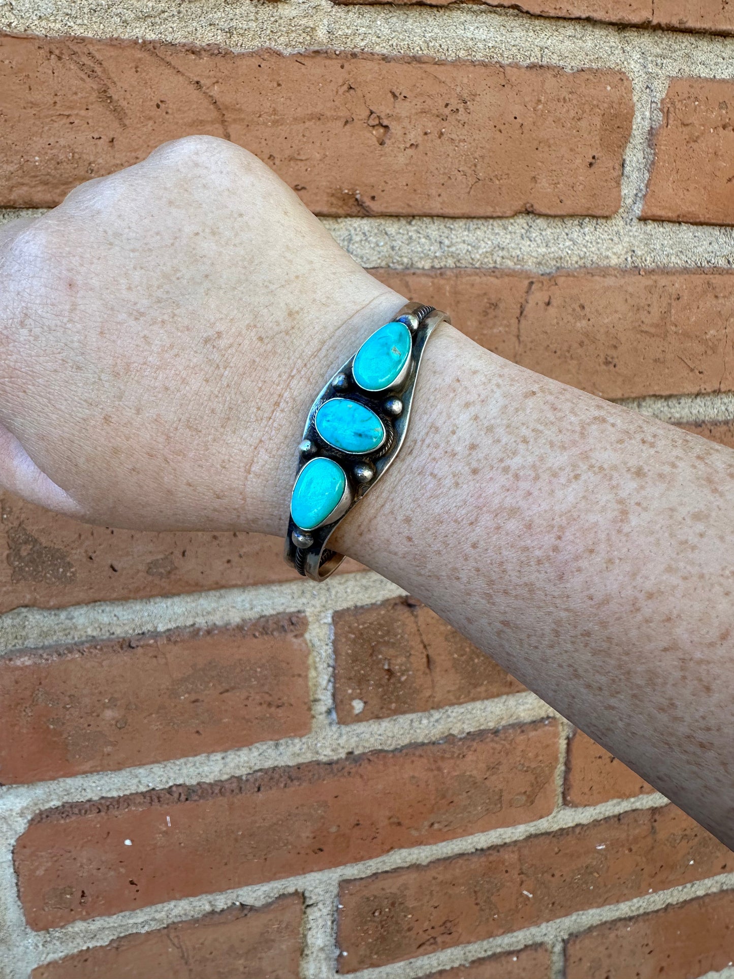 Beautiful Navajo Turquoise & Sterling Silver 3 Stone Cuff Bracelet Signed Kathleen G