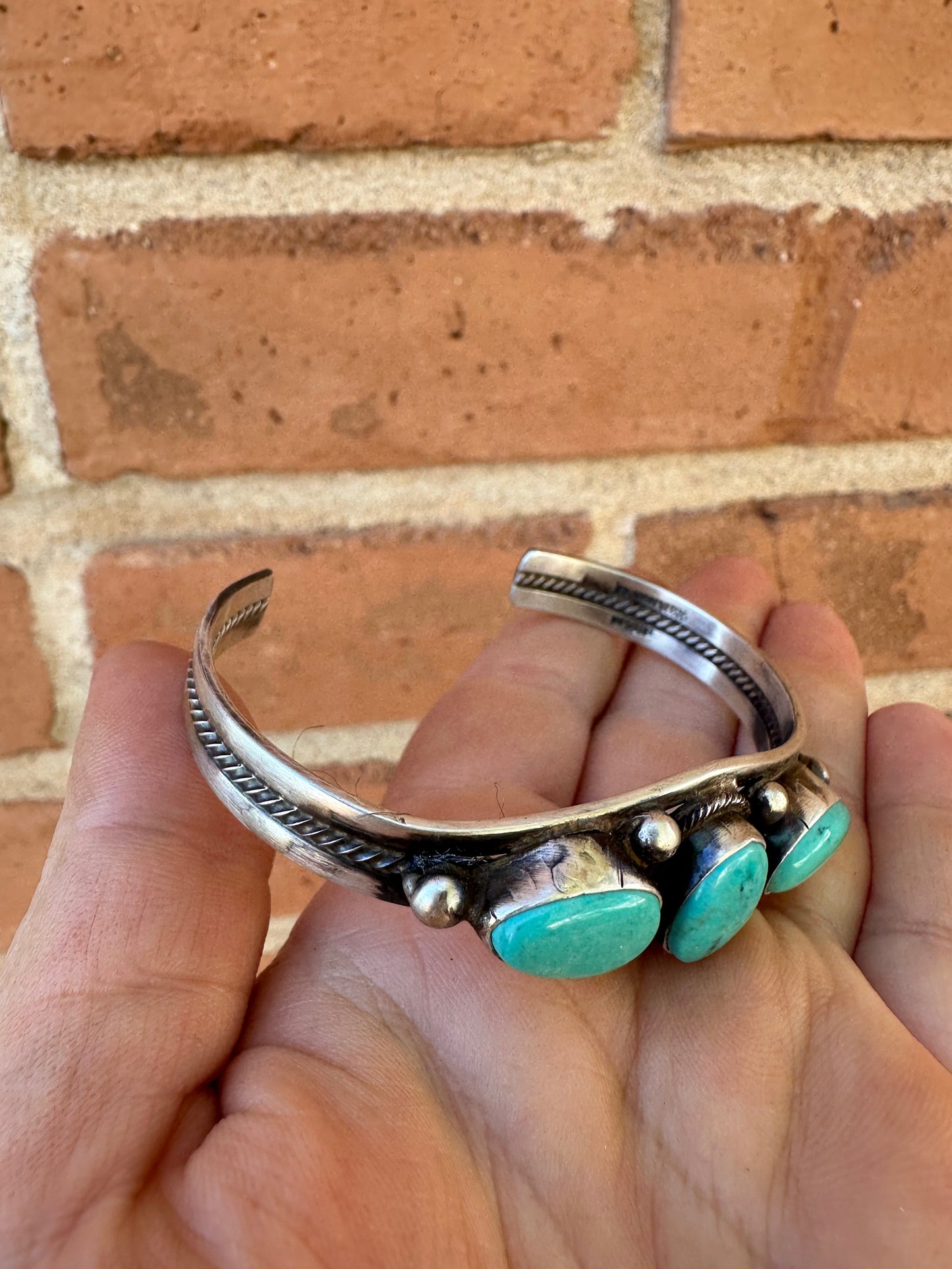 Beautiful Navajo Turquoise & Sterling Silver 3 Stone Cuff Bracelet Signed Kathleen G