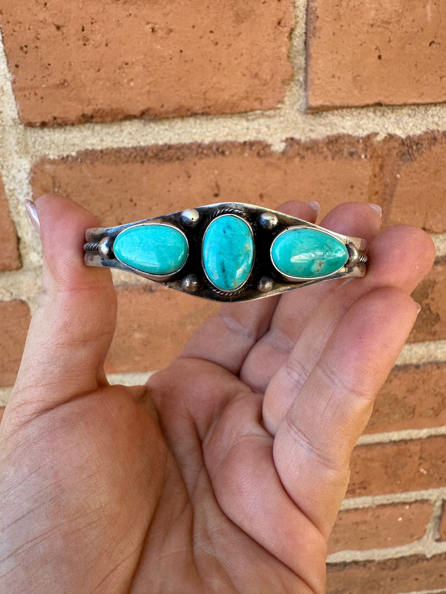 Beautiful Navajo Turquoise & Sterling Silver 3 Stone Cuff Bracelet Signed Kathleen G