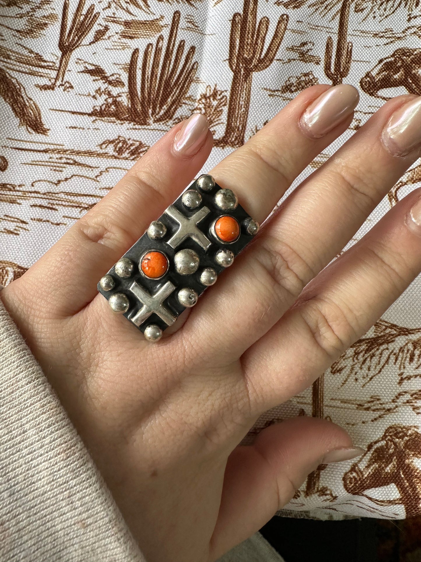 Beautiful Navajo Sterling Silver & Orange Mojave Ring Signed Chimney Butte