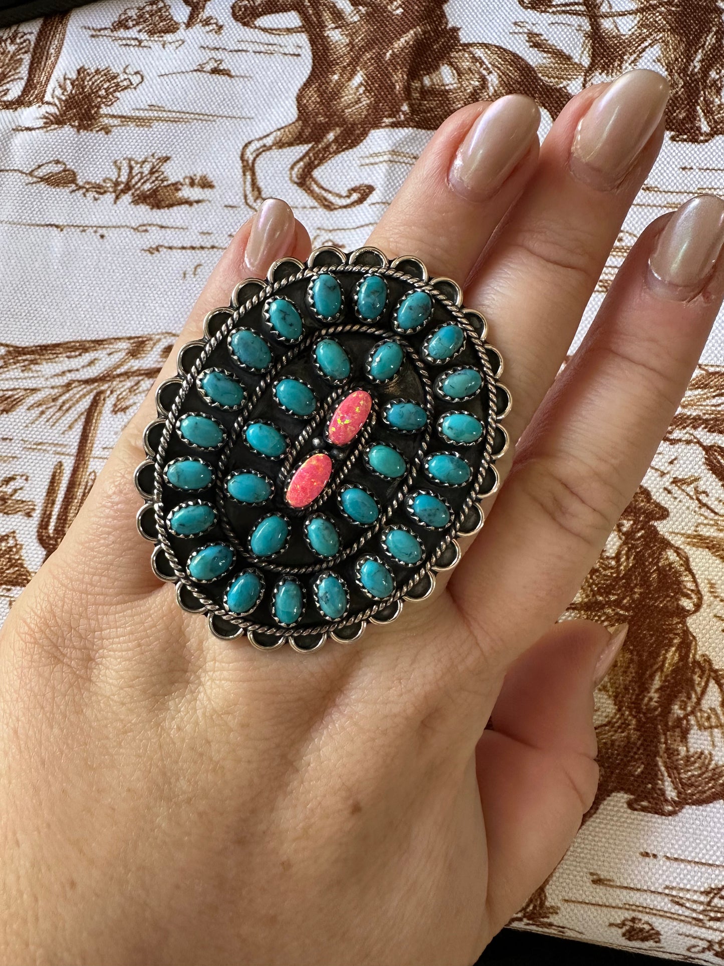 “Desert Roads” Handmade Turquoise, Pink Fire Opal & Sterling Silver Adjustable Ring