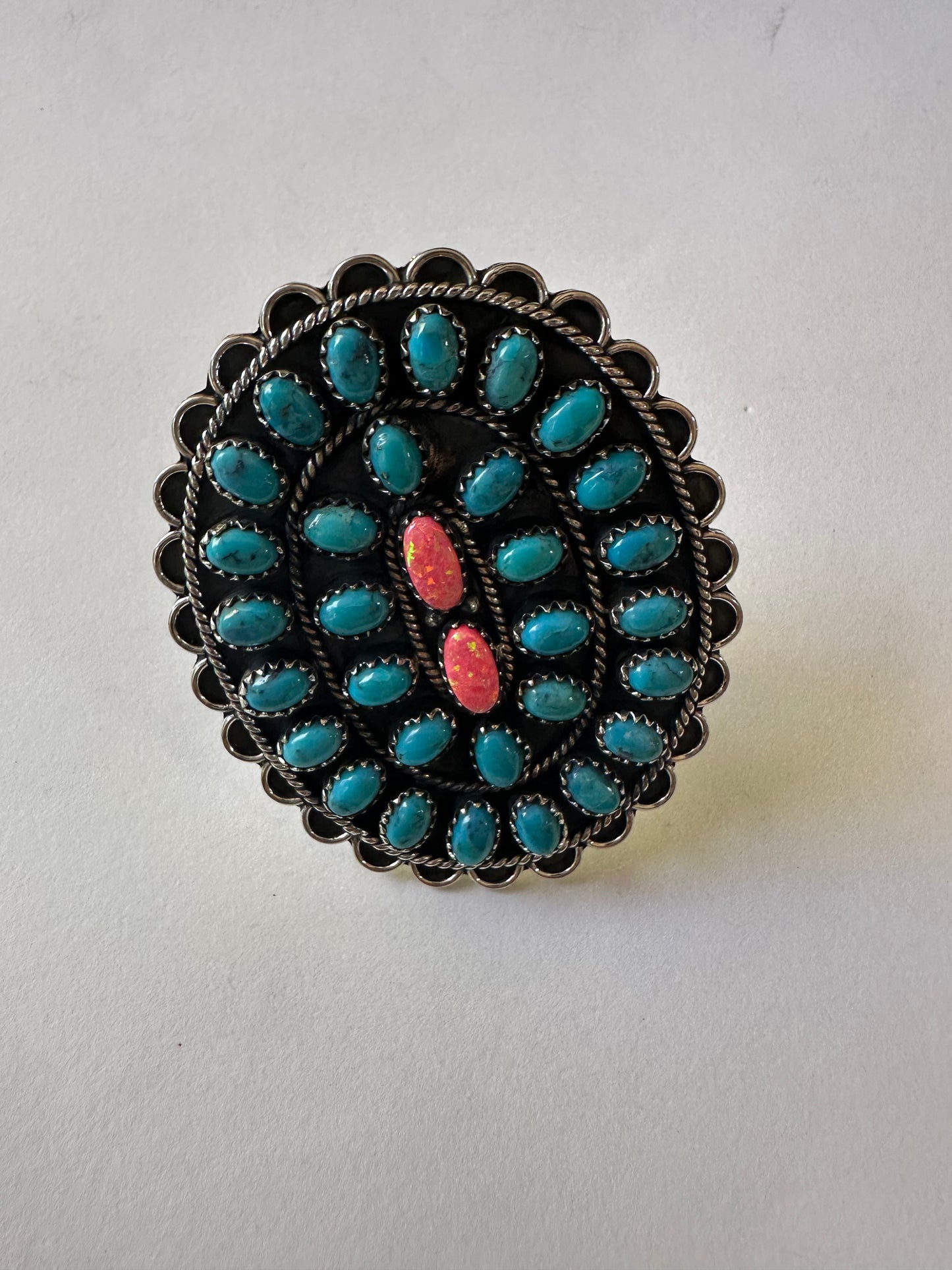 “Desert Roads” Handmade Turquoise, Pink Fire Opal & Sterling Silver Adjustable Ring