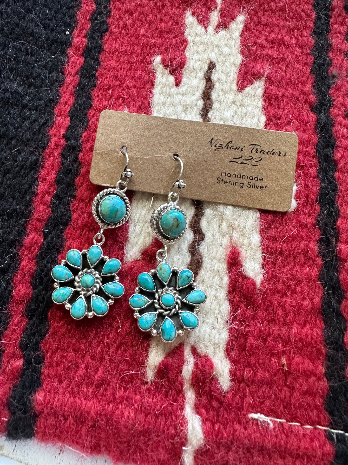 “Turquoise Flower Dangles” Handmade Turquoise and Sterling Silver Dangles