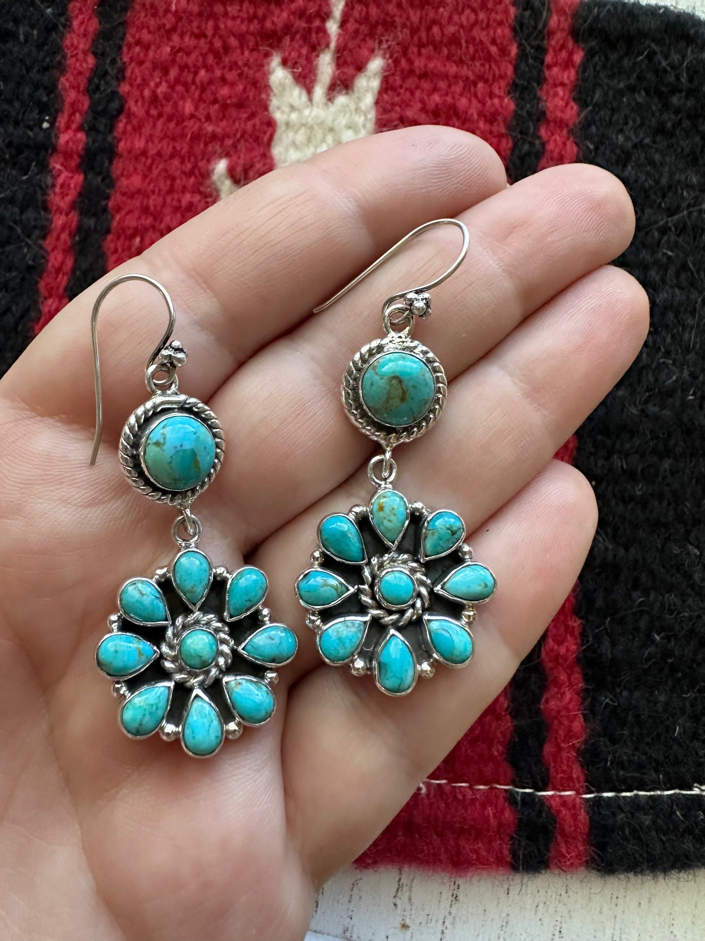 “Turquoise Flower Dangles” Handmade Turquoise and Sterling Silver Dangles