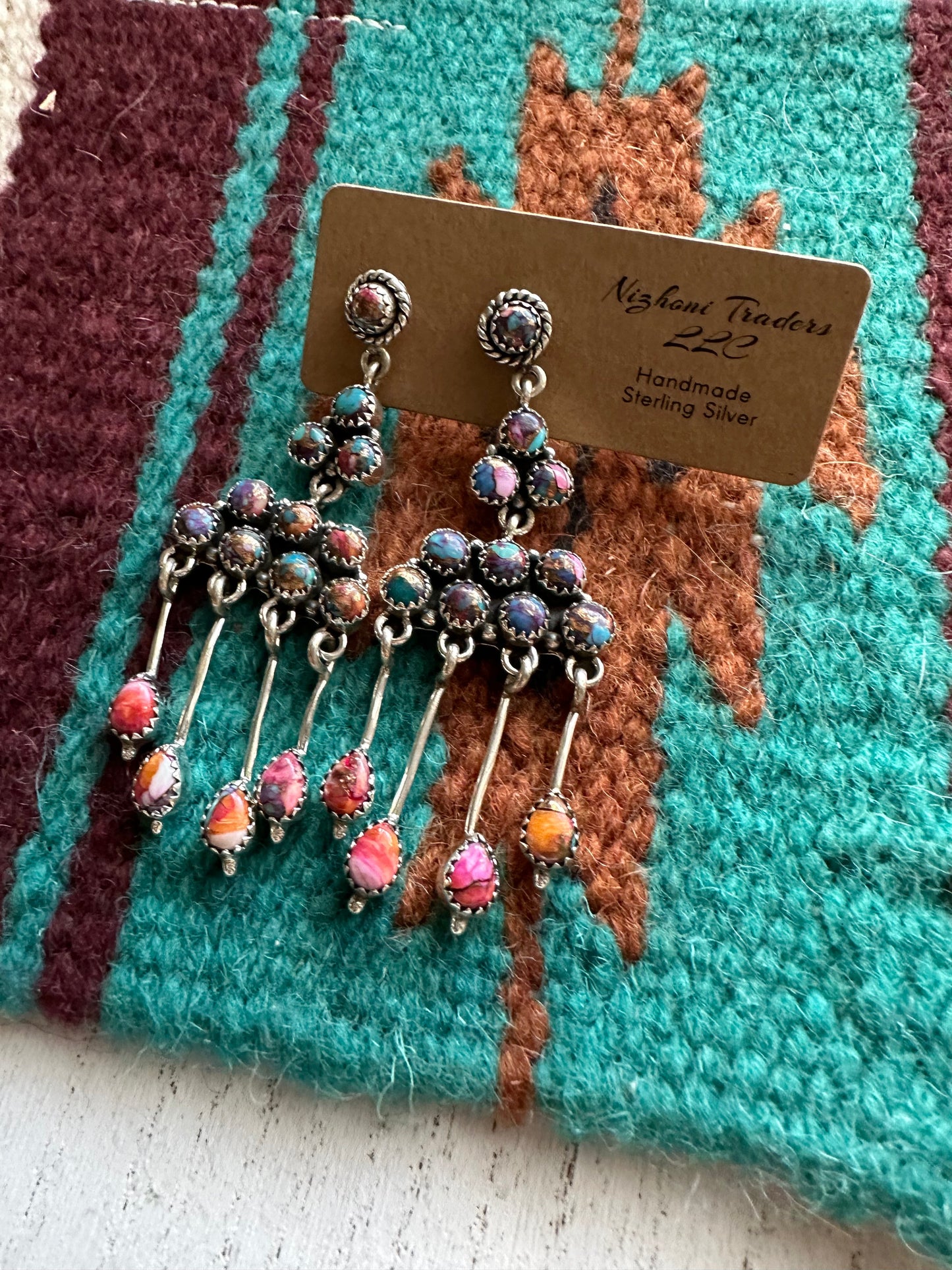 “The Chandelier” Handmade Pink & Purple Dream And Sterling Silver Dangle Earrings Signed Nizhoni