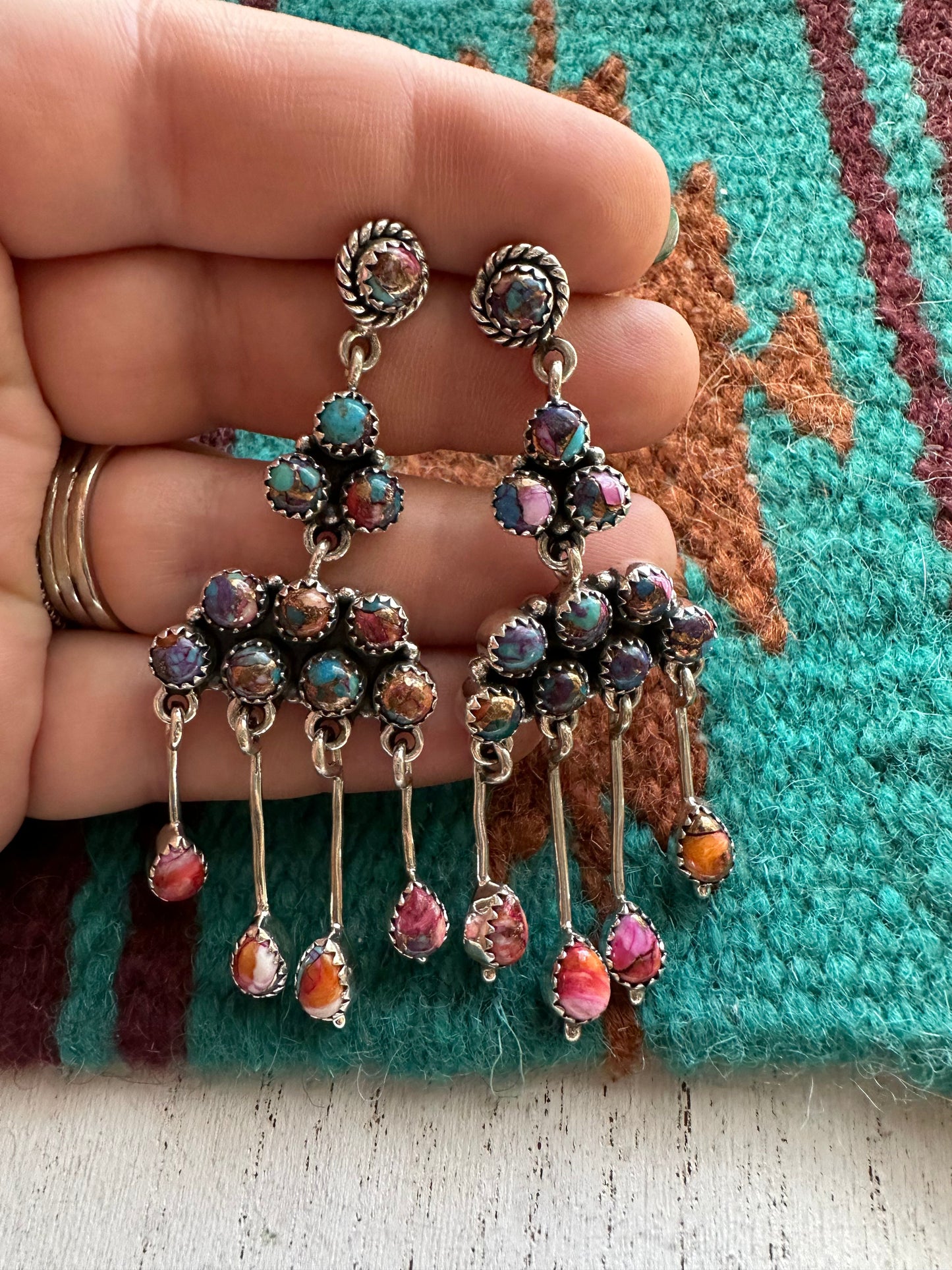 “The Chandelier” Handmade Pink & Purple Dream And Sterling Silver Dangle Earrings Signed Nizhoni