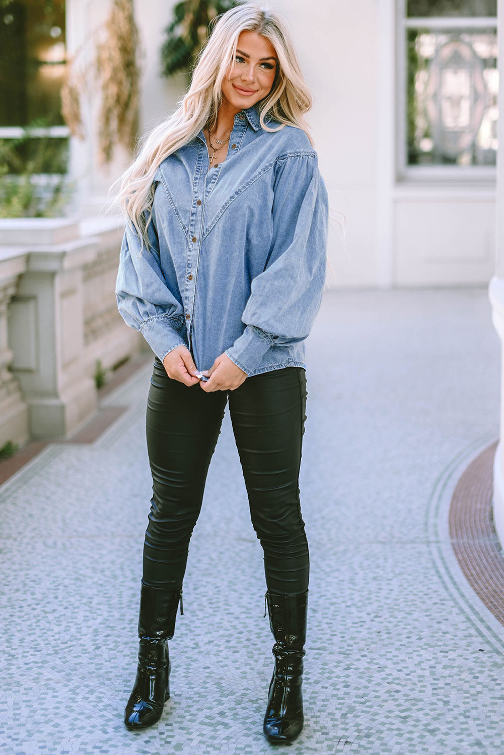 Colette V-Shape Puff Sleeve Denim Shirt